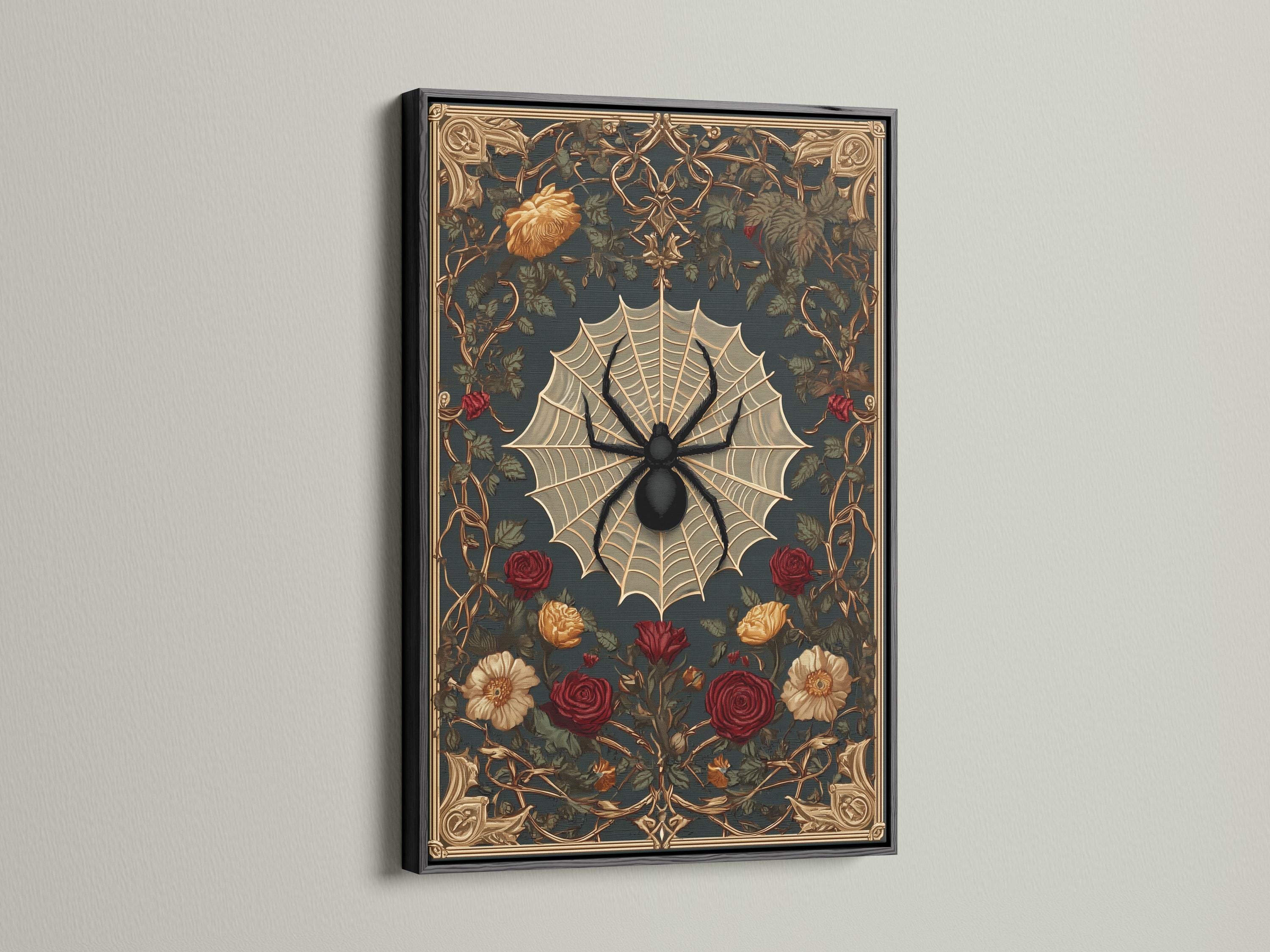 Gothic spider web and roses artwork shown in a mockup with hanging views