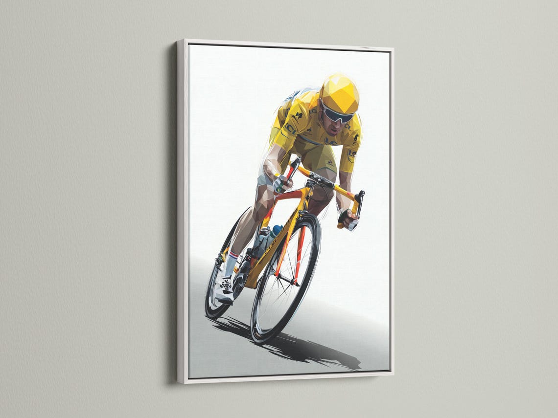 Wall mockup with a framed geometric cyclist artwork in yellow and black