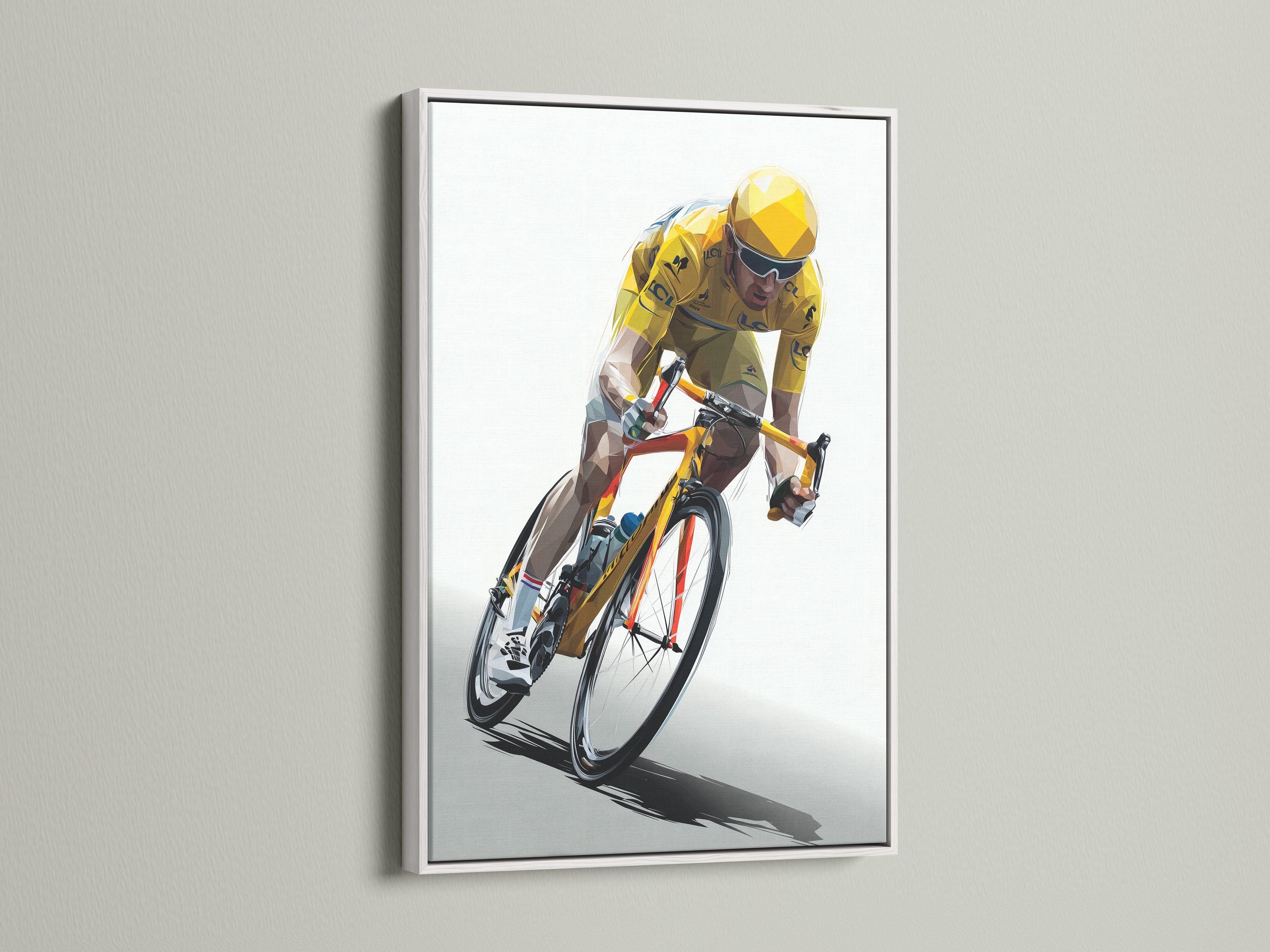 Wall mockup with a framed geometric cyclist artwork in yellow and black