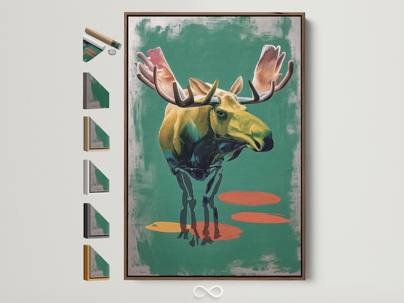Stylised moose in side profile with large antlers on a textured teal-green background and warm orange shapes
