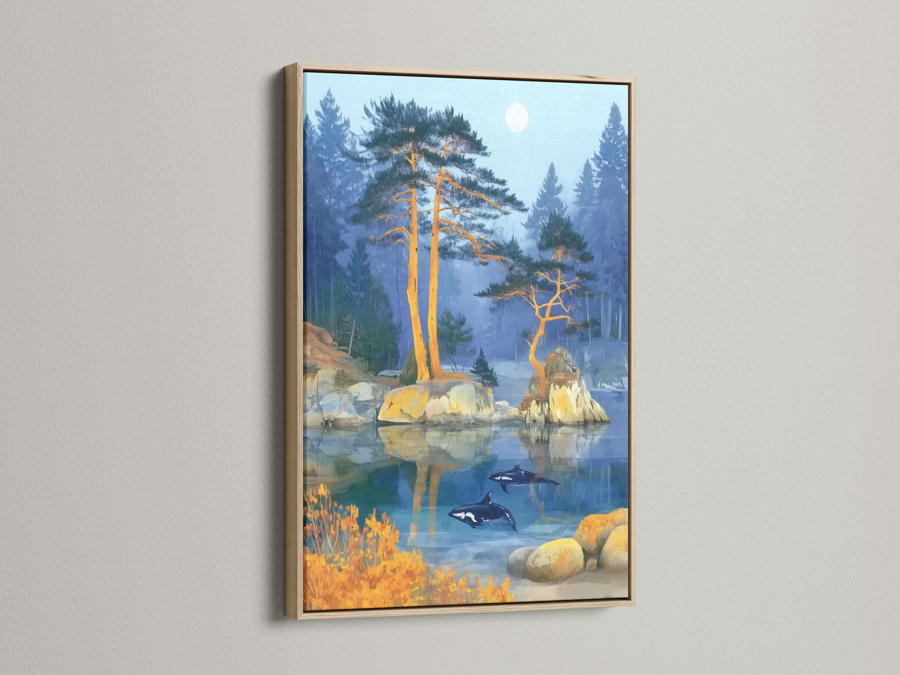 Misty blue lake landscape with golden trees, rocky shore and dark swimming aquatic animals detail view