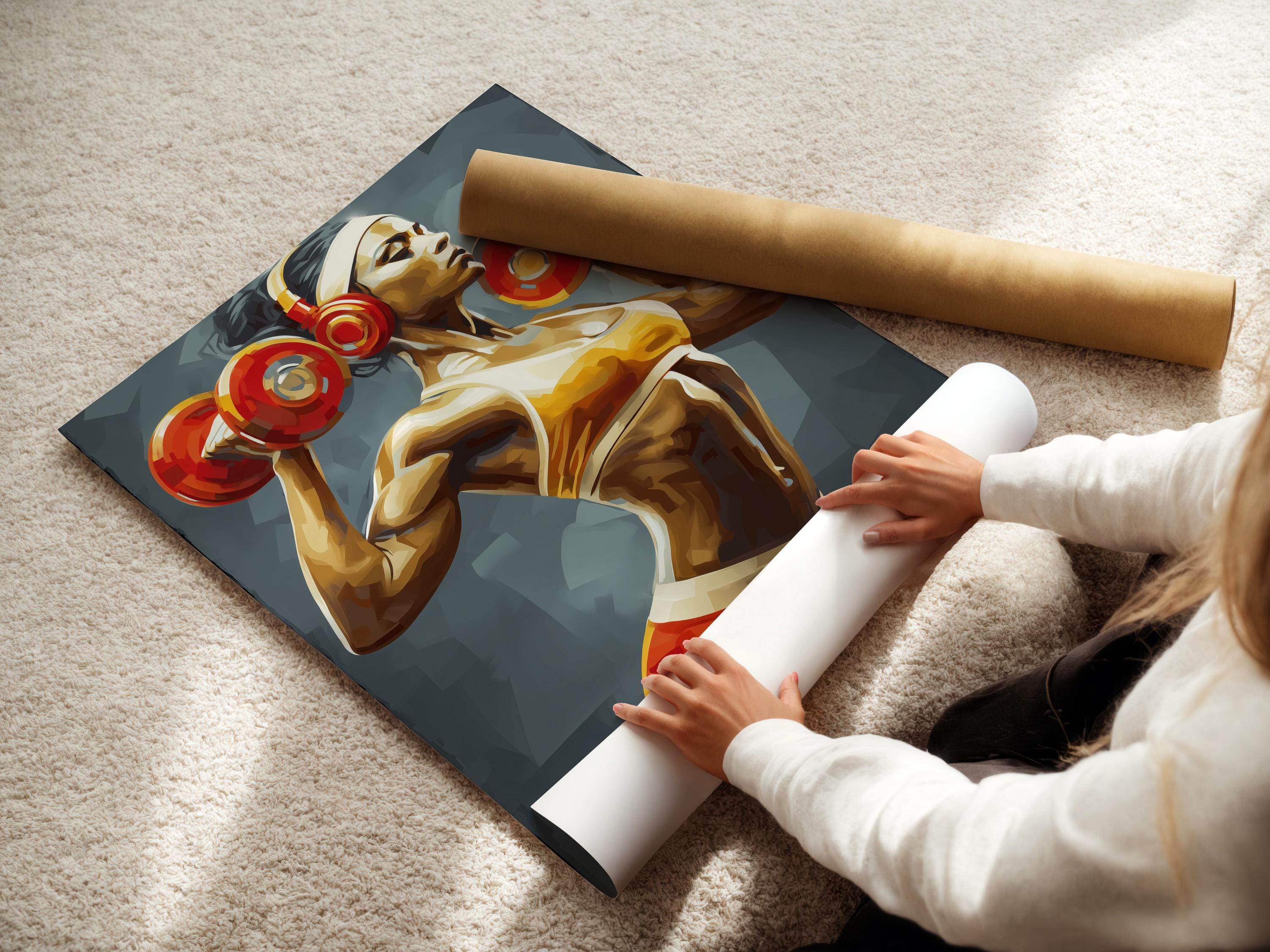 Stylised strong woman weightlifting artwork holding two red dumbbells against a blue background detail view