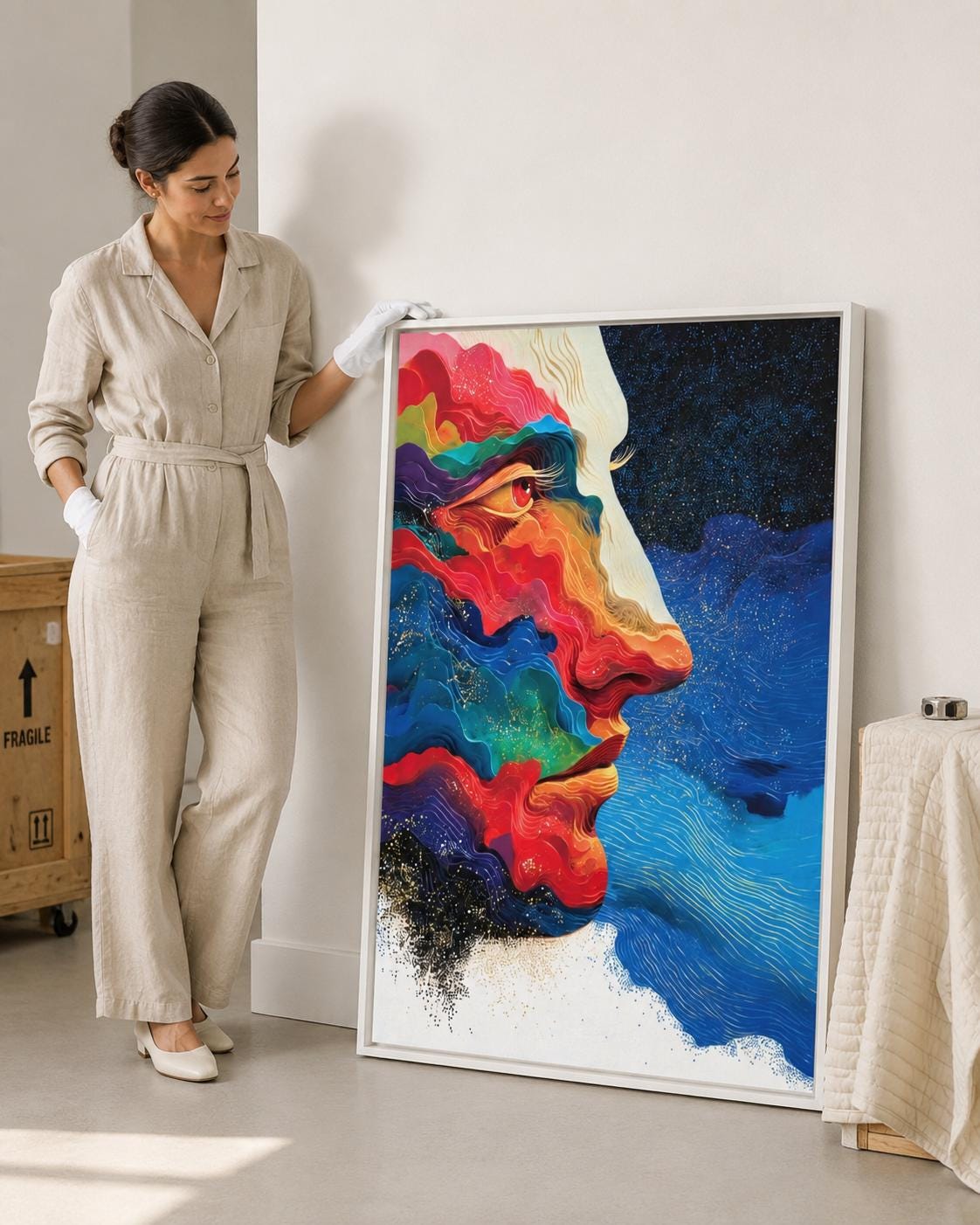 Abstract face in side profile with flowing red, blue and teal shapes and warm gold highlights on a dark starry background detail view