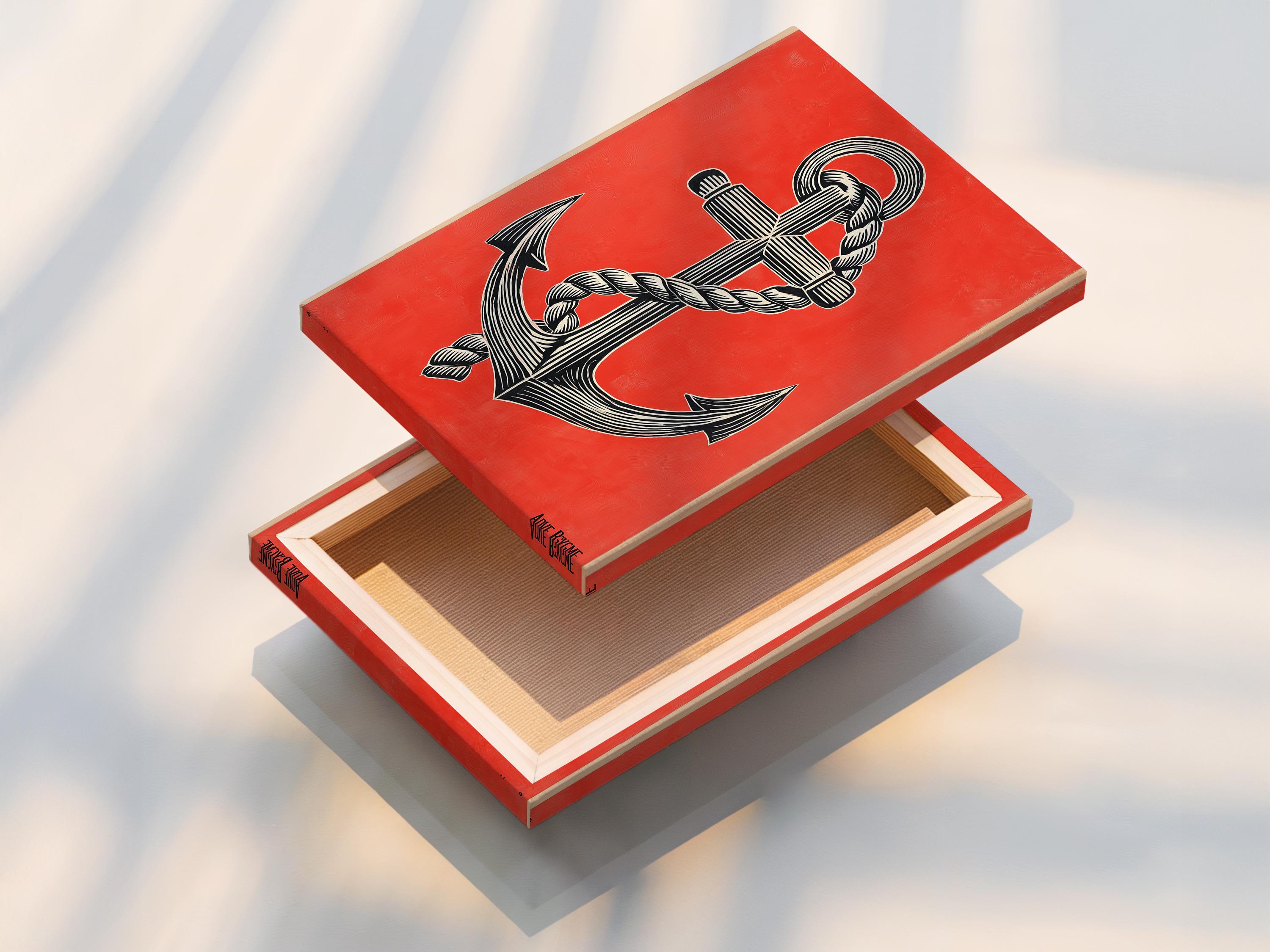 Coral red anchor illustration with black and cream rope-like stripes and ring details detail view