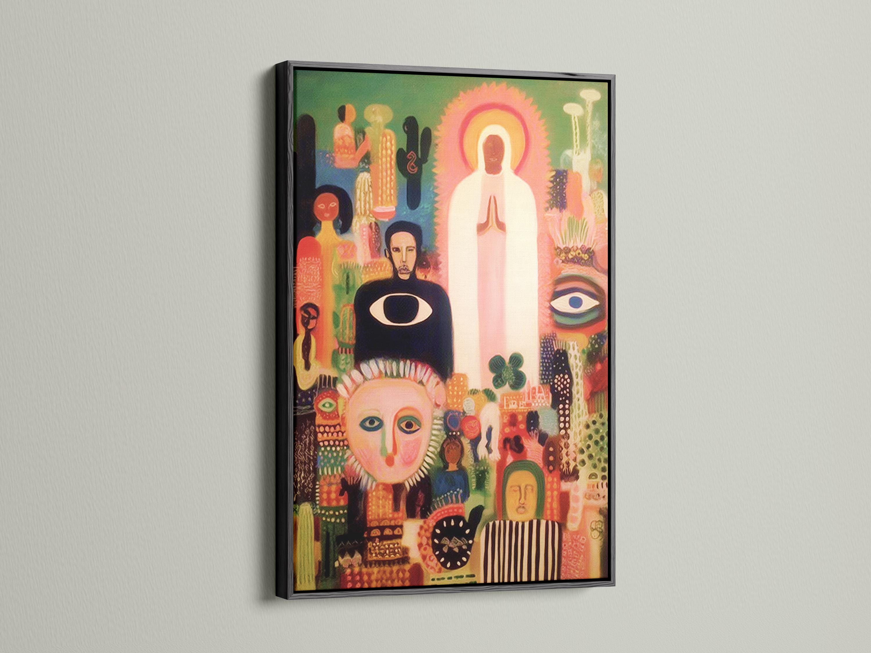 Sunburst halo abstract faces artwork with pink, green and gold figures detail view