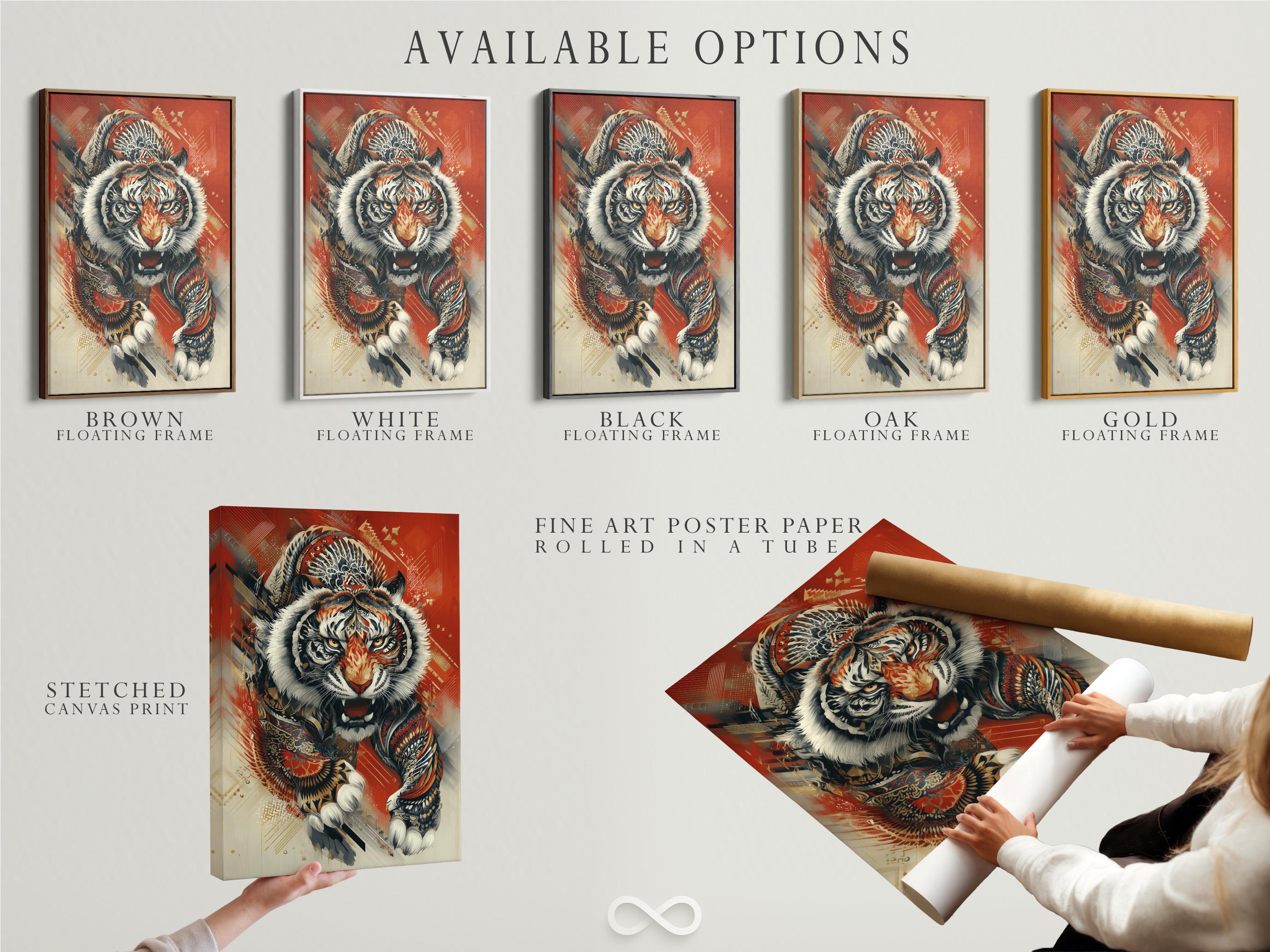Roaring tiger wall artwork shown with wall mounting options and frame mockups on a light background