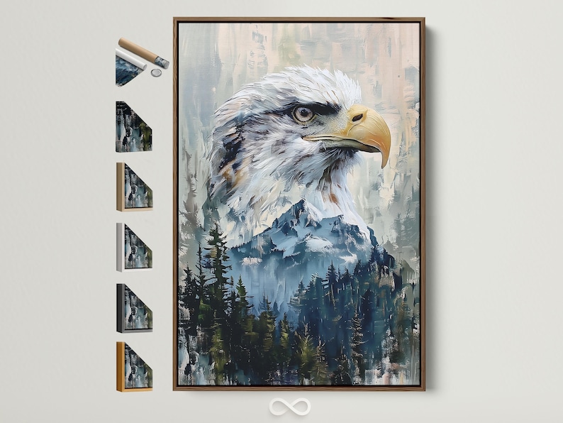 An eagle portrait in cool grey and blue tones over a misty forest landscape