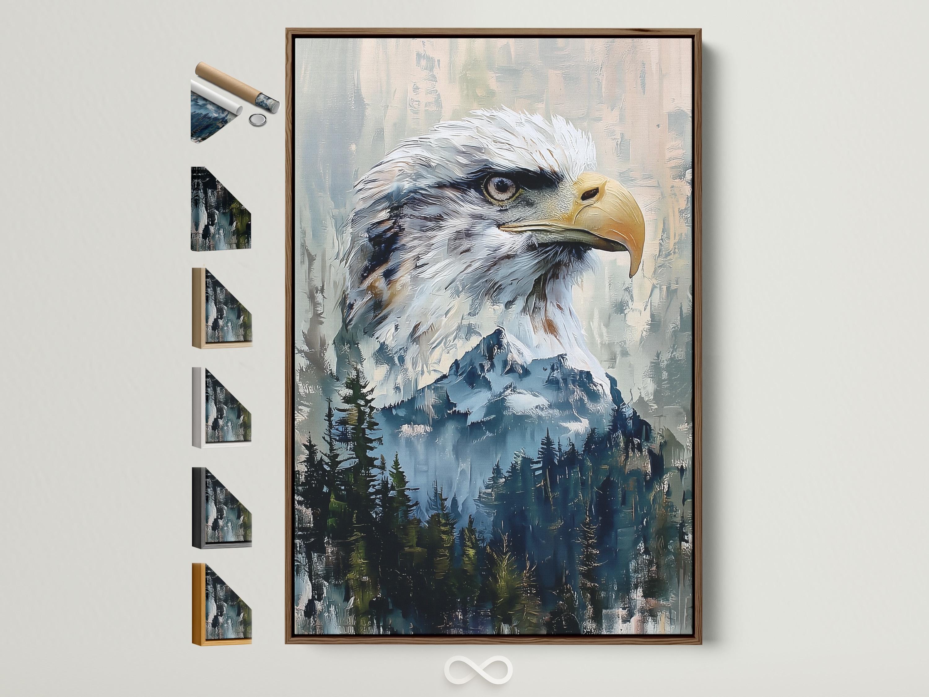 An eagle portrait in cool grey and blue tones over a misty forest landscape