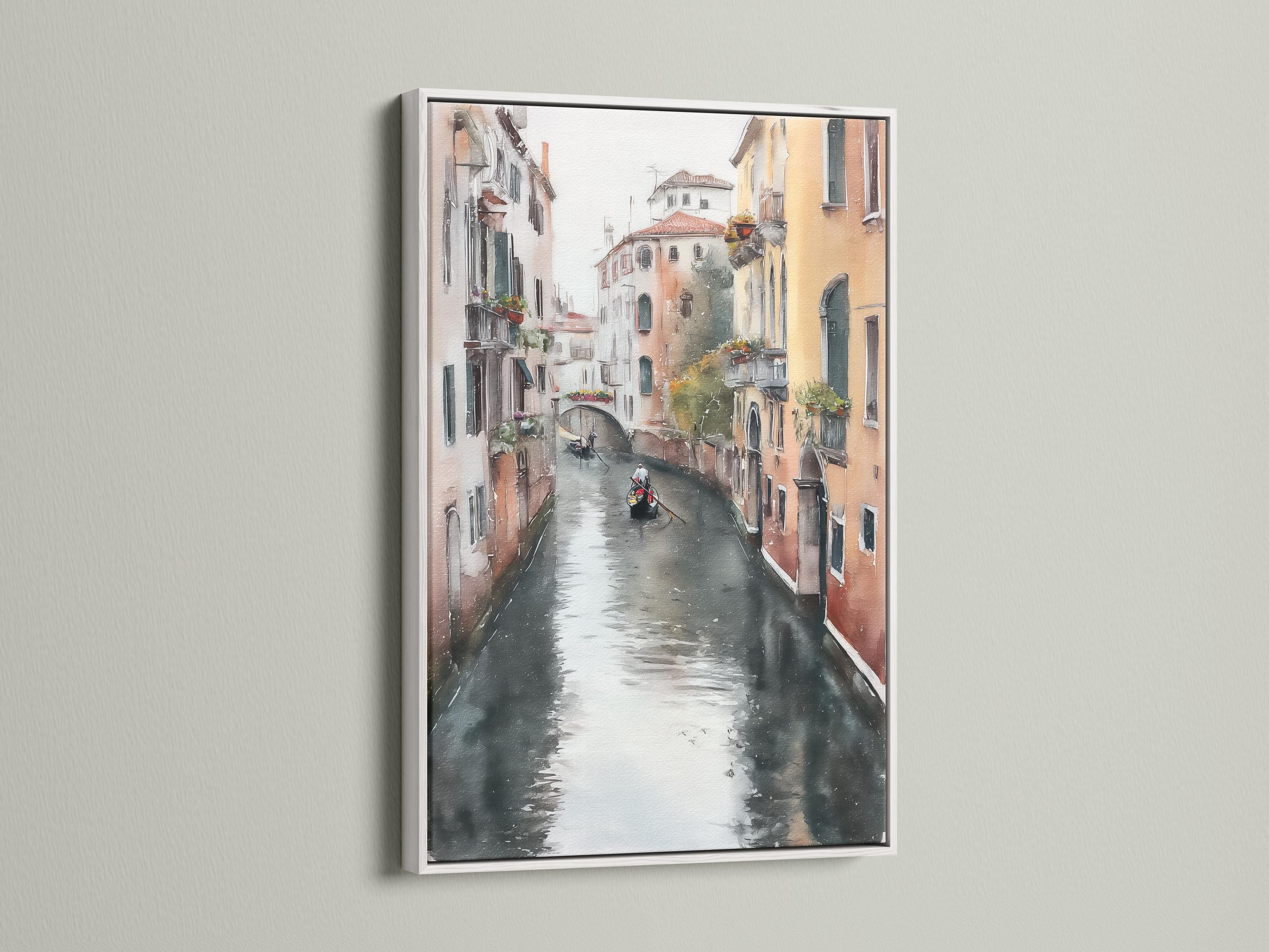Painterly canal cityscape with warm buildings, grey water reflections and a small gondola-like boat detail view