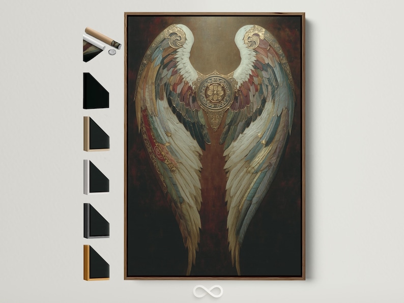 Ornate gold angel wings artwork with layered feather details on a dark background