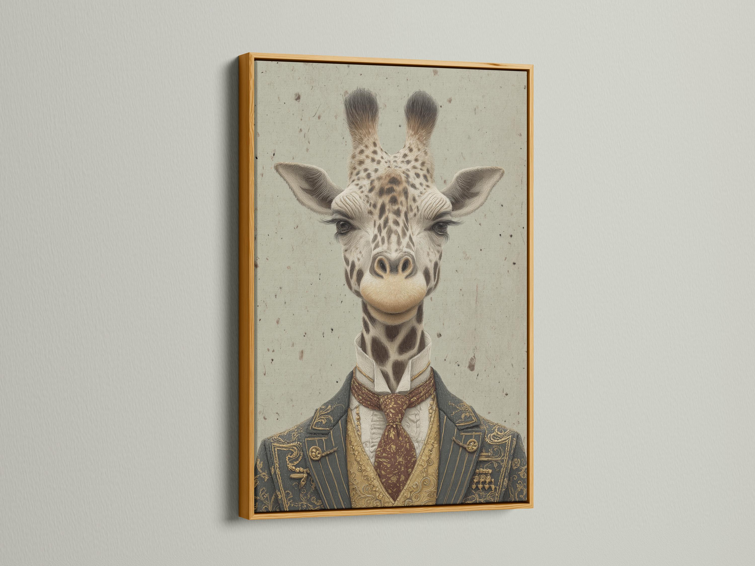 Vintage-style giraffe portrait wearing a formal suit, with antique gold and deep maroon details detail view