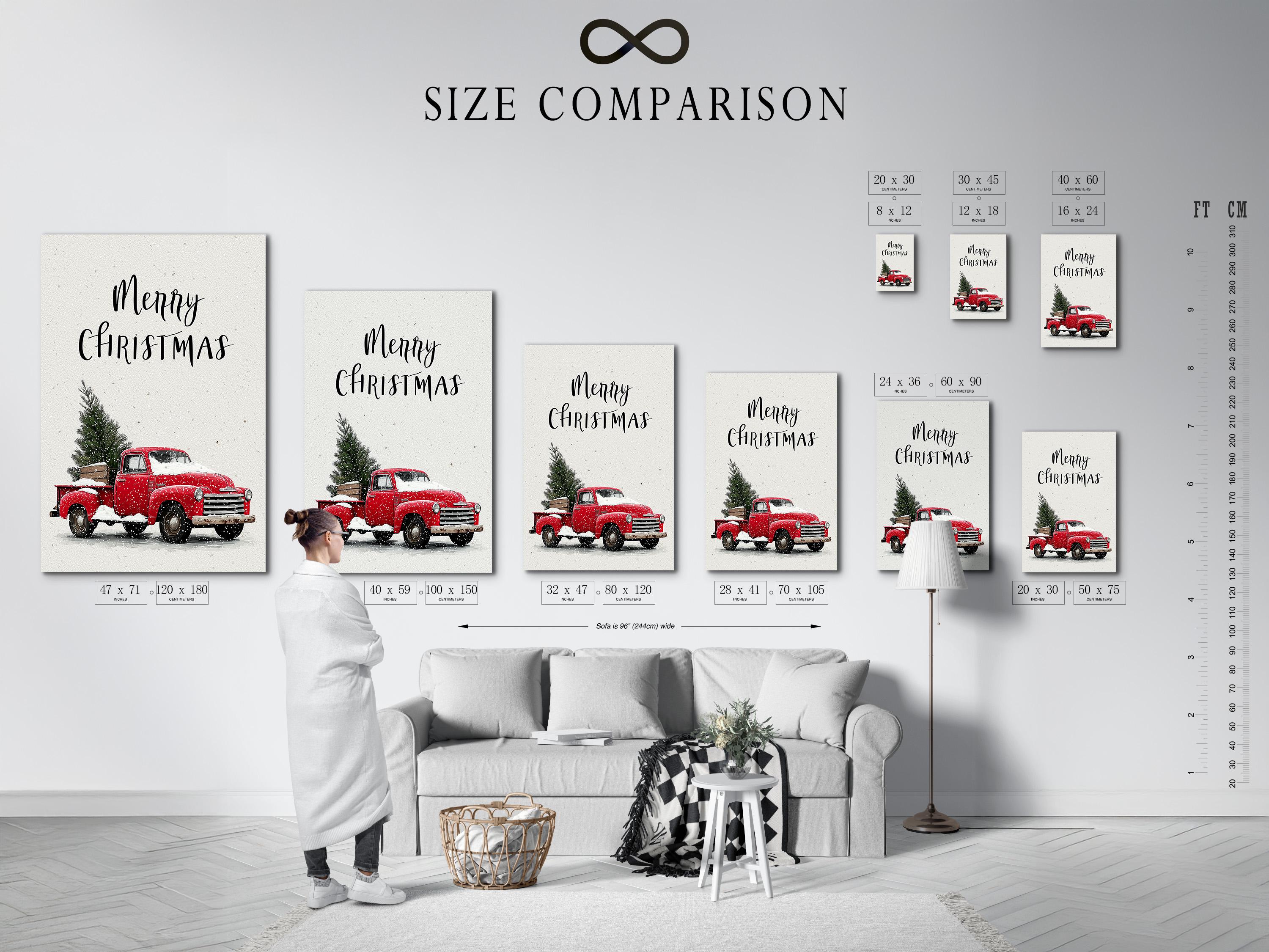 A white, snow-speckled scene shows a red vintage truck holding a Christmas tree, with handwritten-style text above it reading “Merry Christmas.”