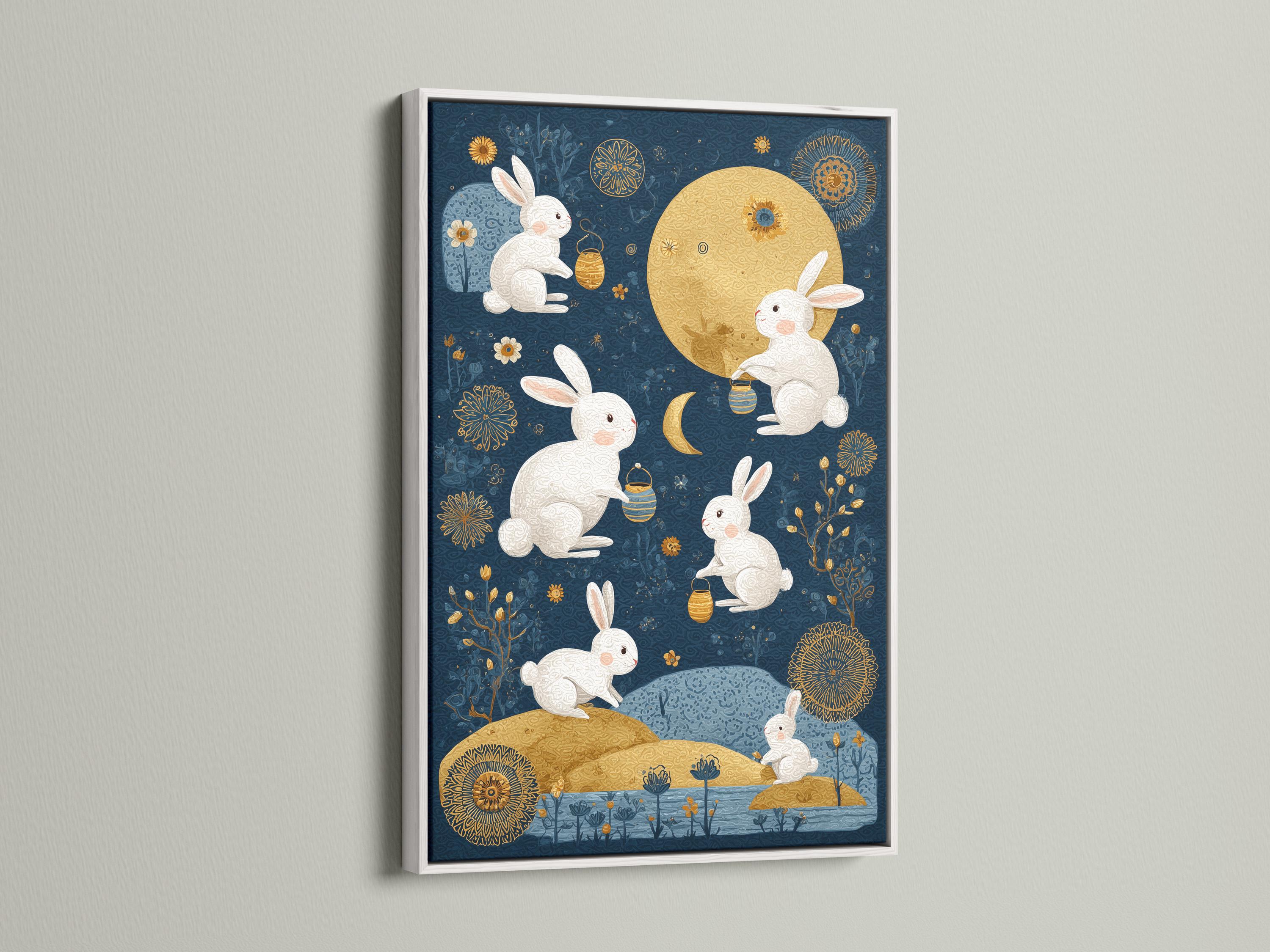 Celestial illustration of white rabbits around a gold moon on a midnight blue background detail view