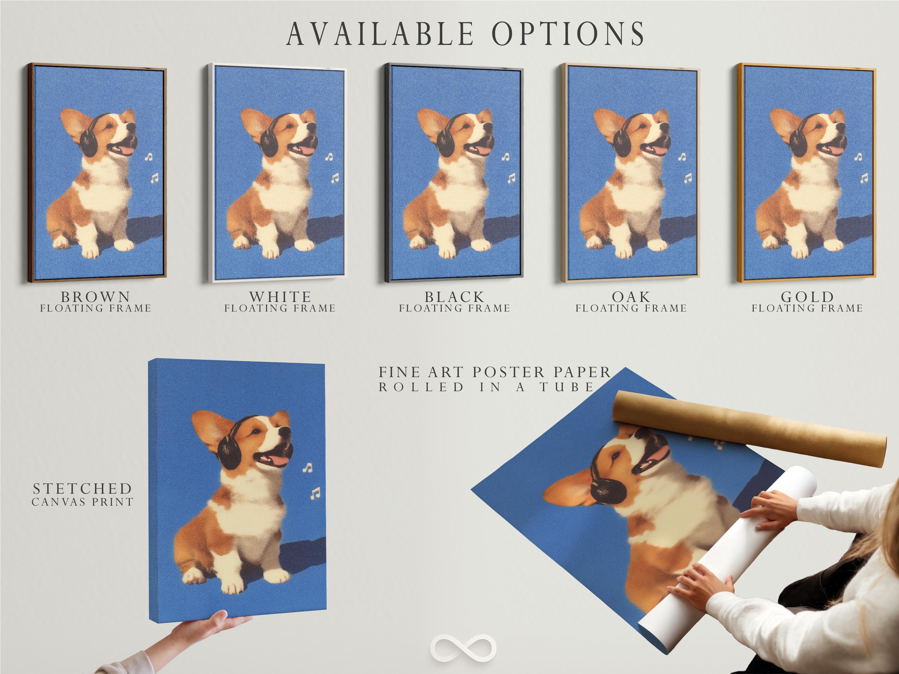 A stylised corgi dog portrait sits against a speckled blue background, wearing large headphones and shown smiling with small musical notes nearby