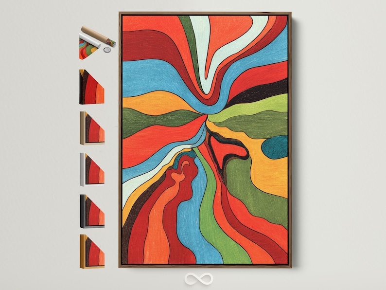 Abstract wave artwork with red, blue, green and orange flowing ribbon shapes