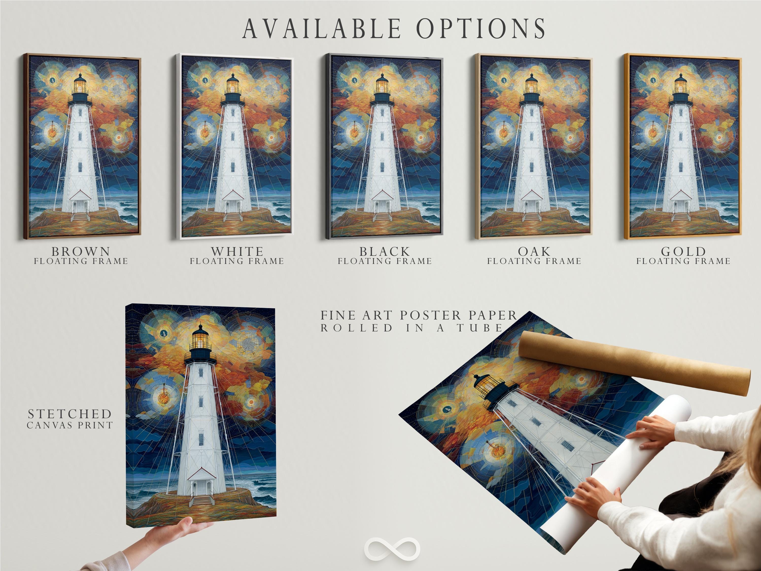 Geometric lighthouse painting with starry night sky and swirling circular light patterns detail view