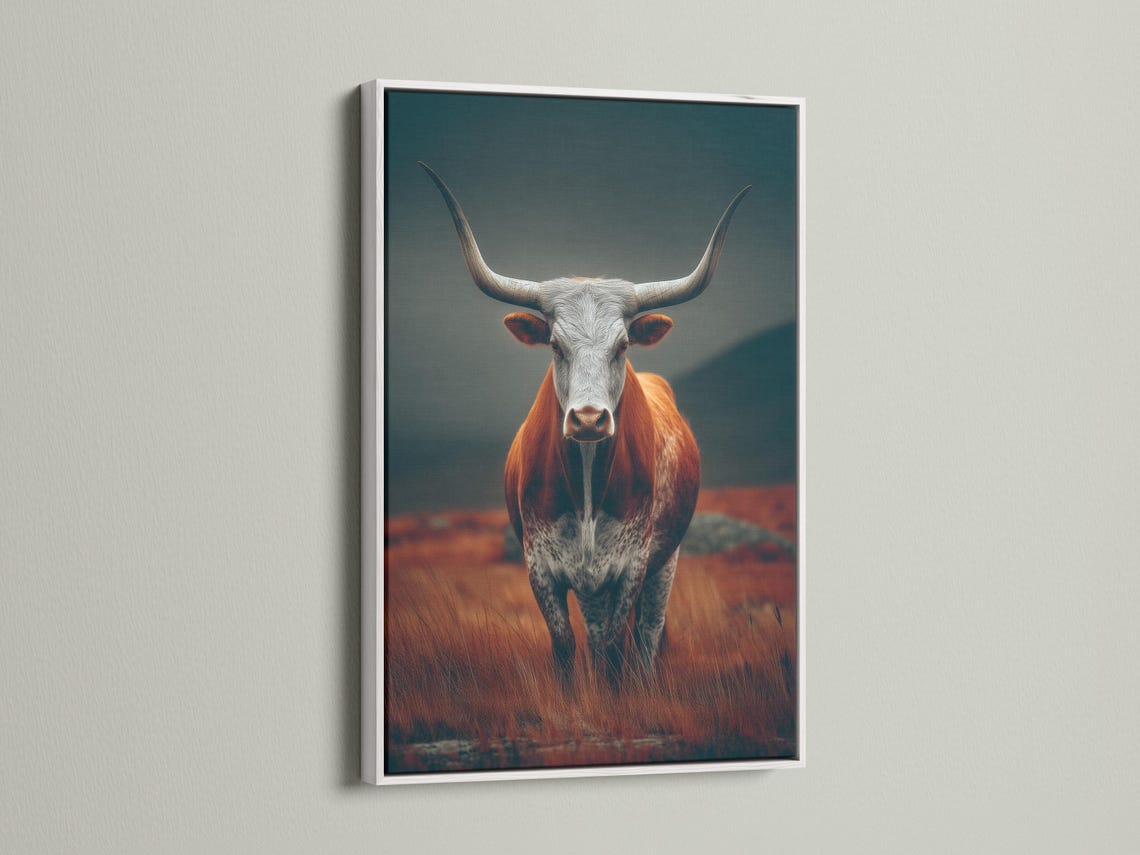 Longhorn cow artwork displayed in a framed mockup with teal and rust tones
