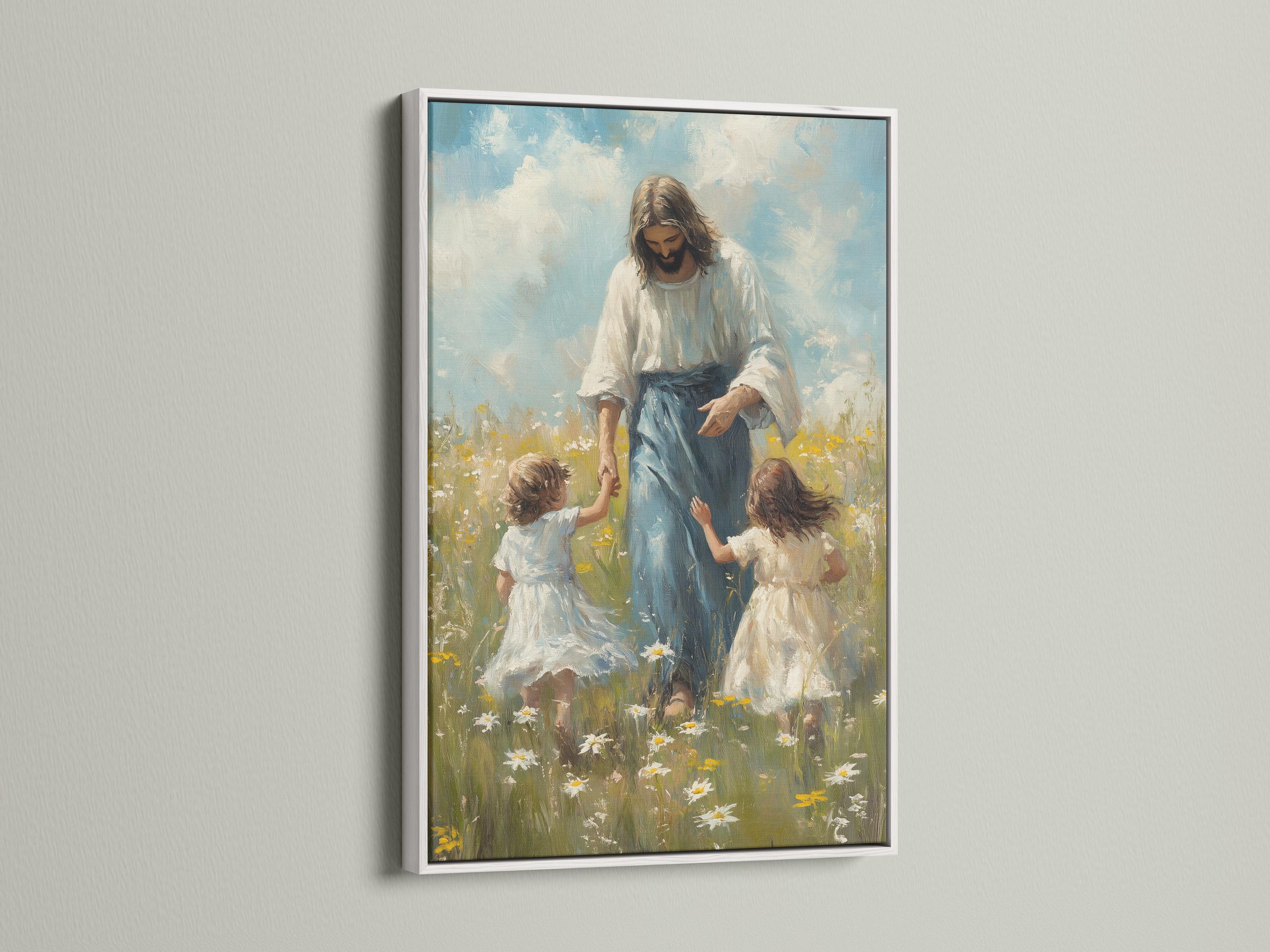 Religious meadow wall art mockup with an ornate frame on a light wall