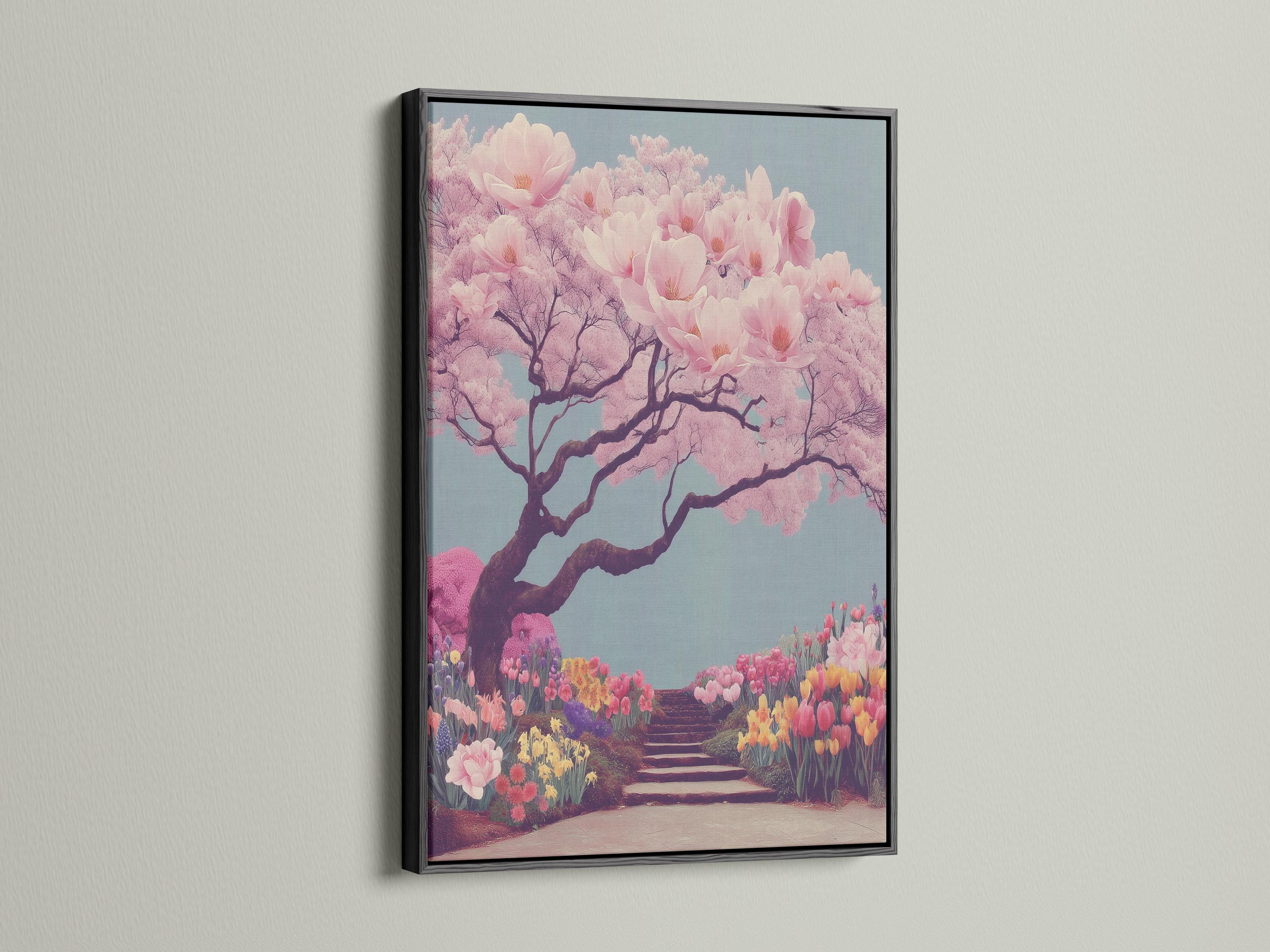 Cherry blossom tree illustration with pale pink blossoms and a winding flower-lined path detail view