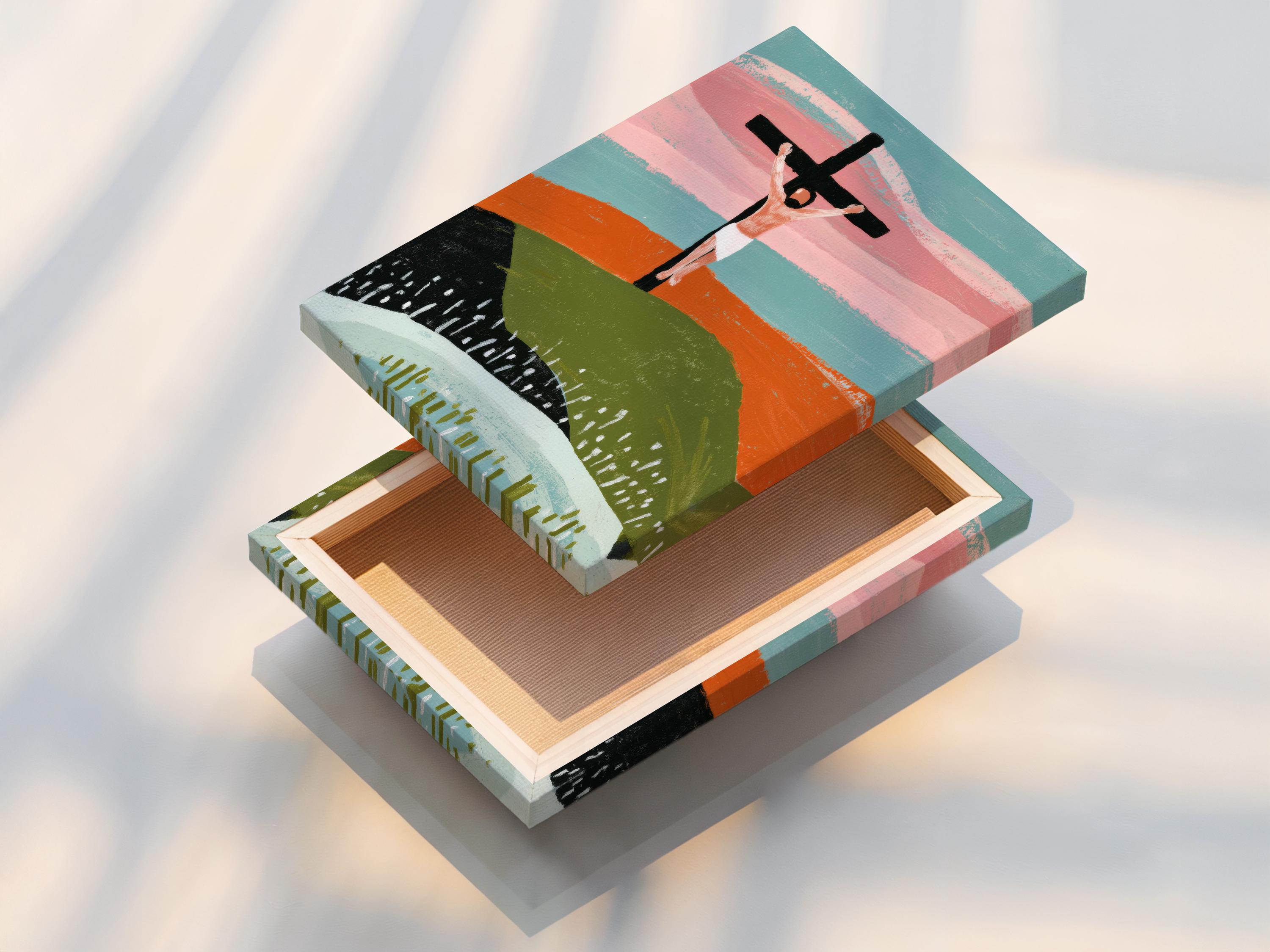 Stylised cross with outstretched figure above layered hills in dusty pink, teal and green detail view