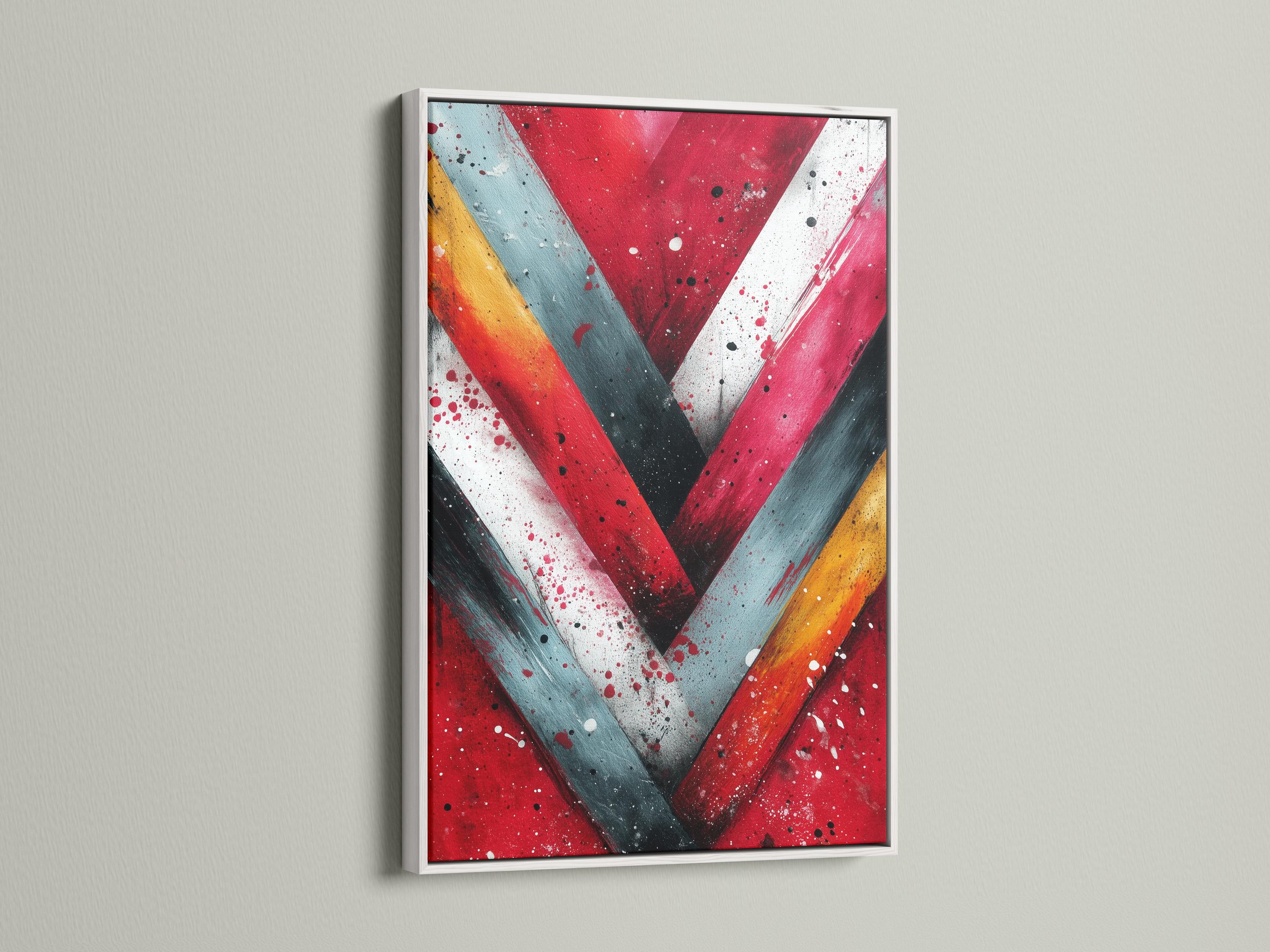 Abstract chevron V shape in red, teal and warm yellow with speckled dots detail view