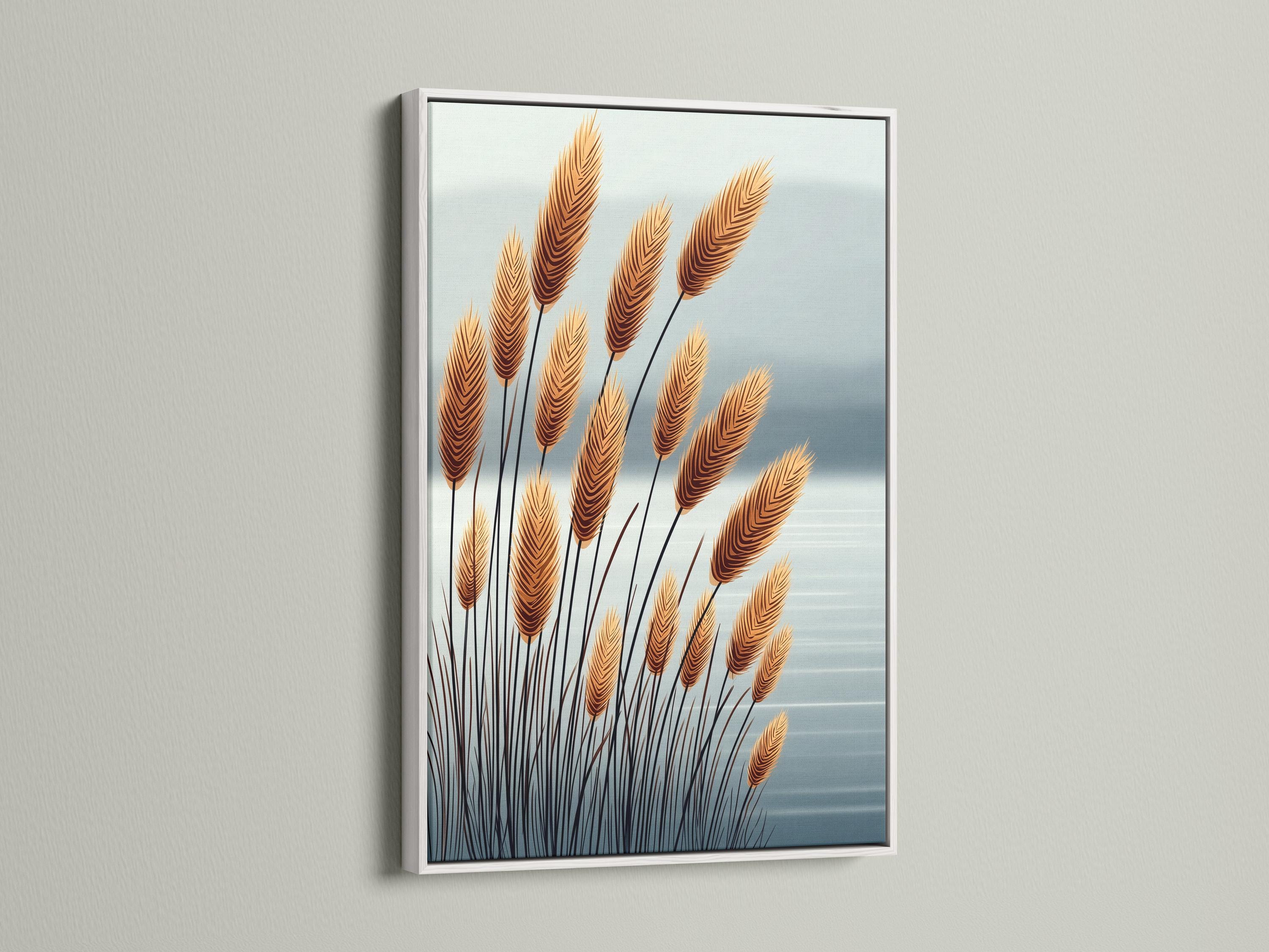 A decorative scene of tall golden wheat plumes with dark stems rises against a pale blue sky-like background with soft horizon shading detail view