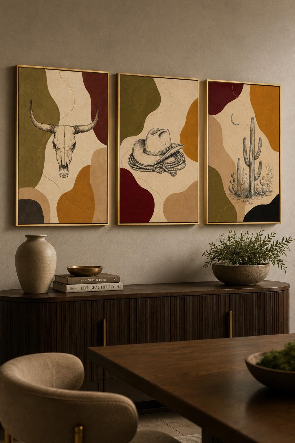 Western wall art set of three panels displayed above a wooden sideboard with decorative vases