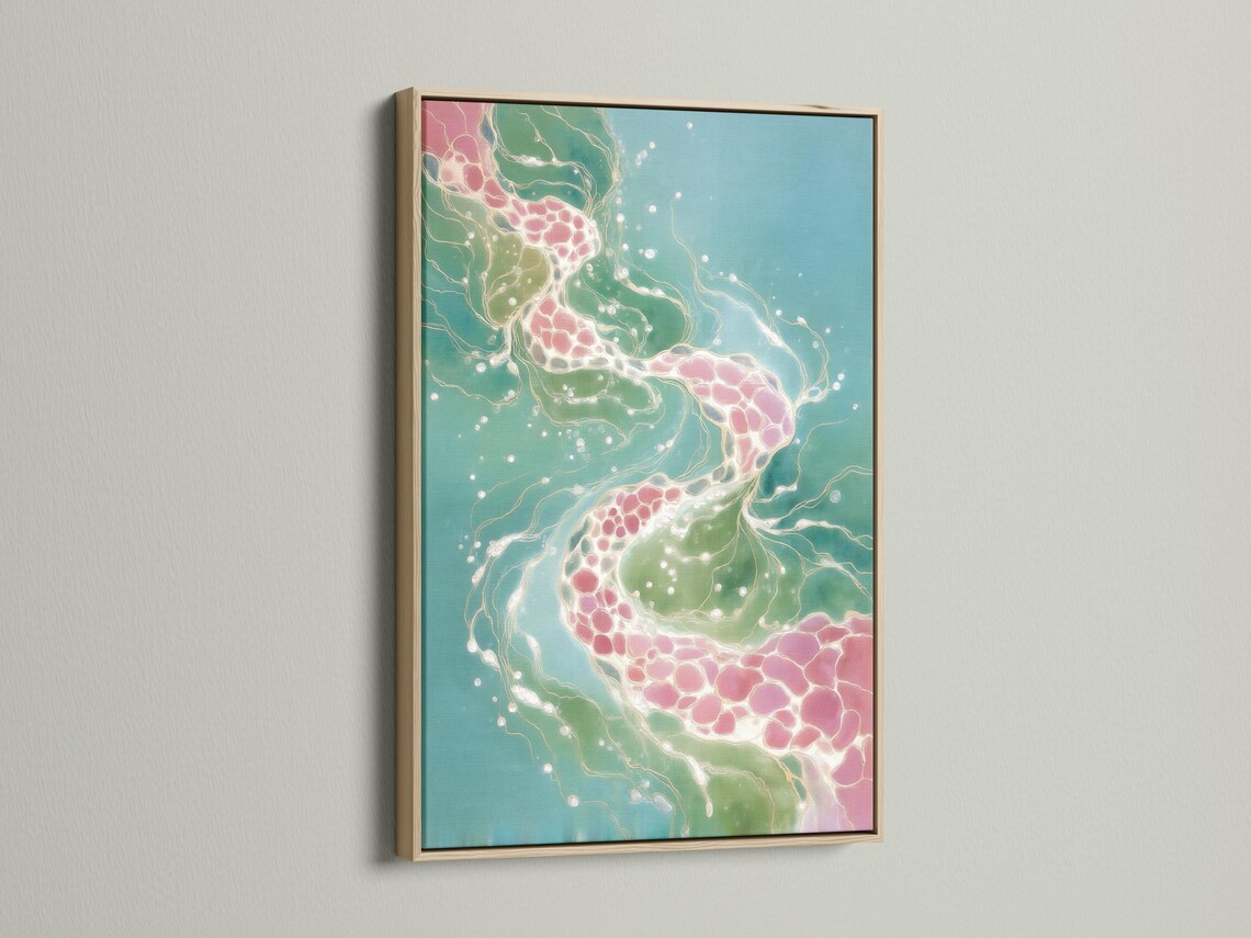 Teal abstract artwork with flowing white lines and blush pink clusters detail view