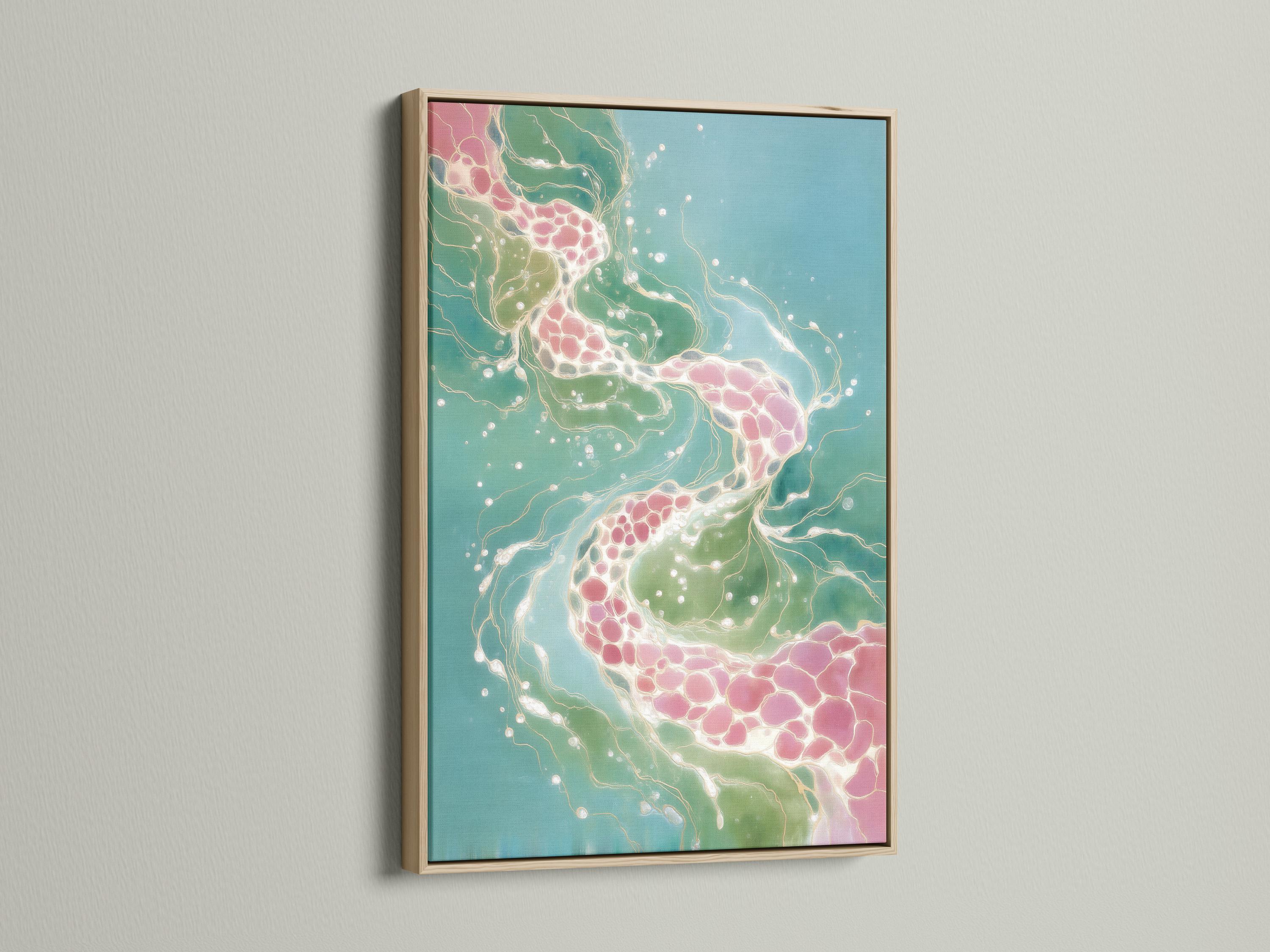 Teal abstract artwork with flowing white lines and blush pink clusters detail view