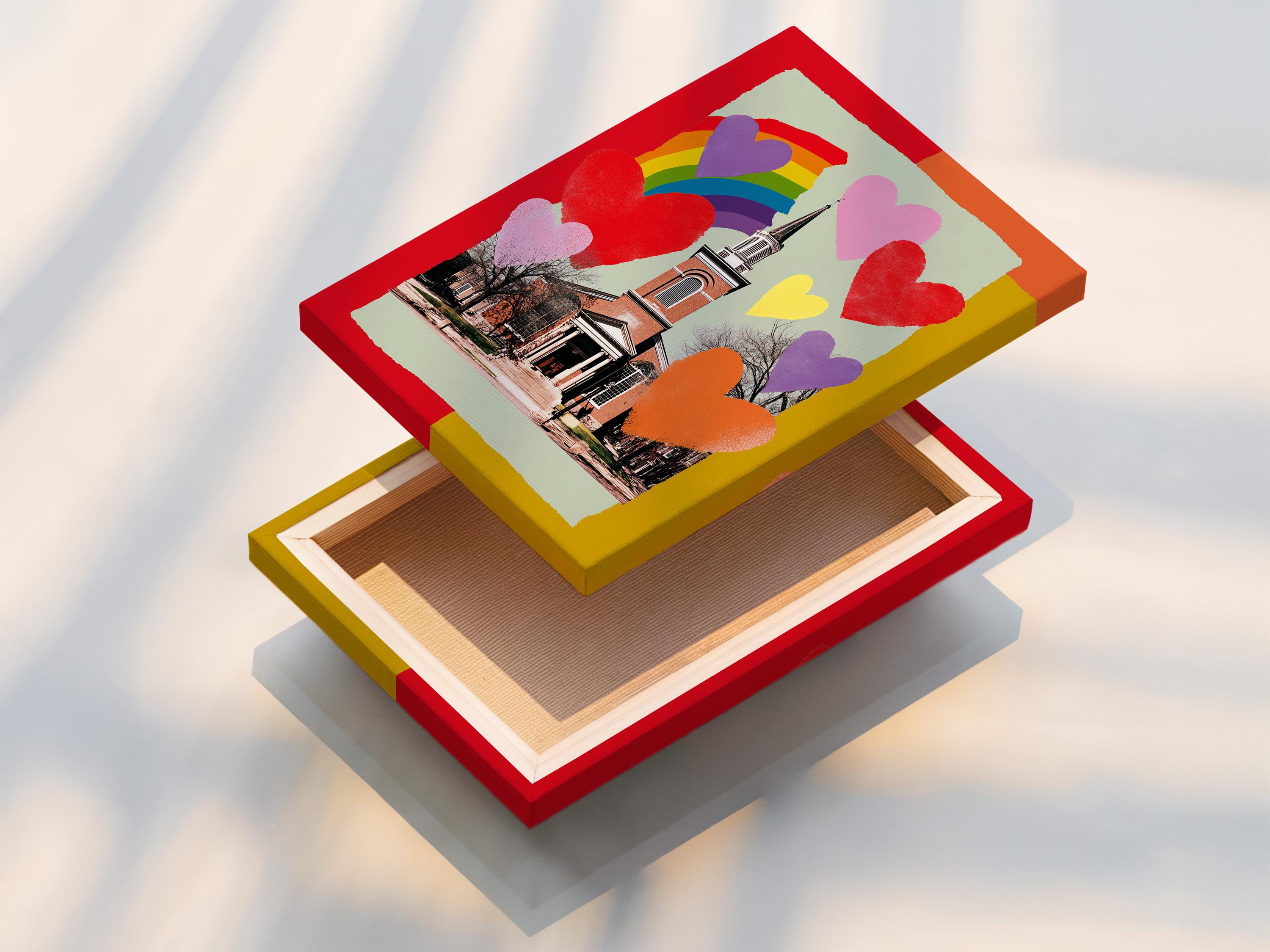 Rainbow hearts church artwork with a rainbow arch and colourful heart shapes detail view