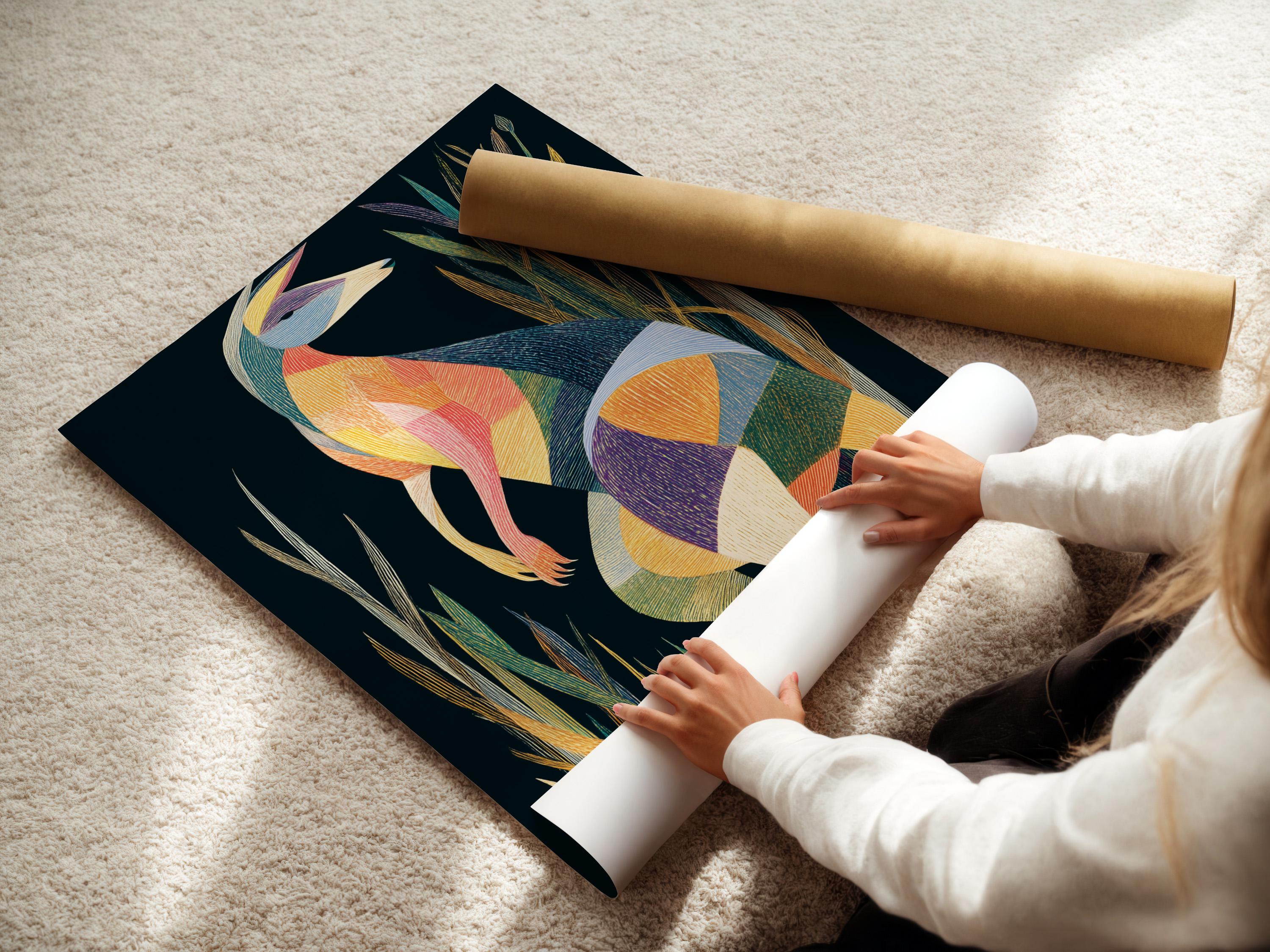 Wall mockup showing geometric kangaroo artwork in a framed design on a light wall