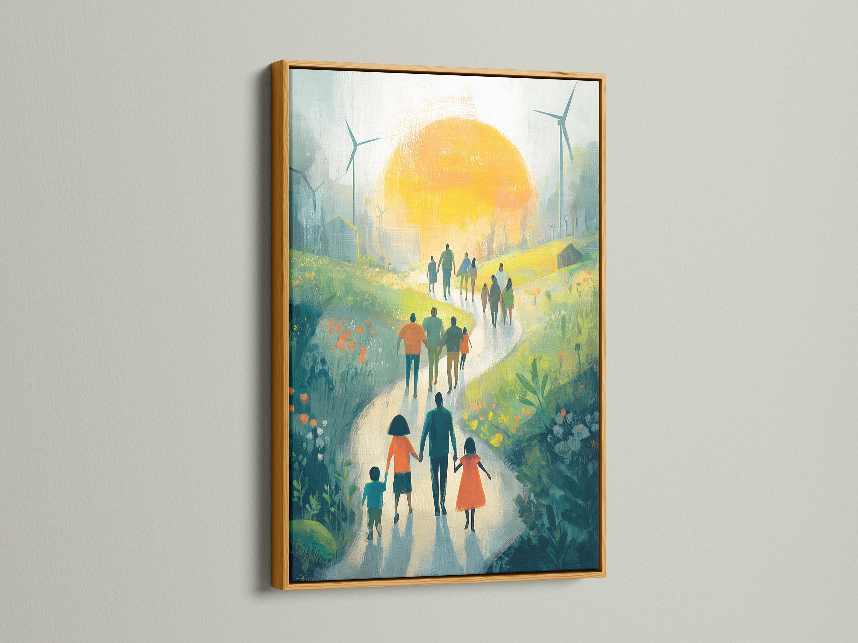 Painterly green landscape with people walking along a path toward a glowing sun and wind turbines detail view