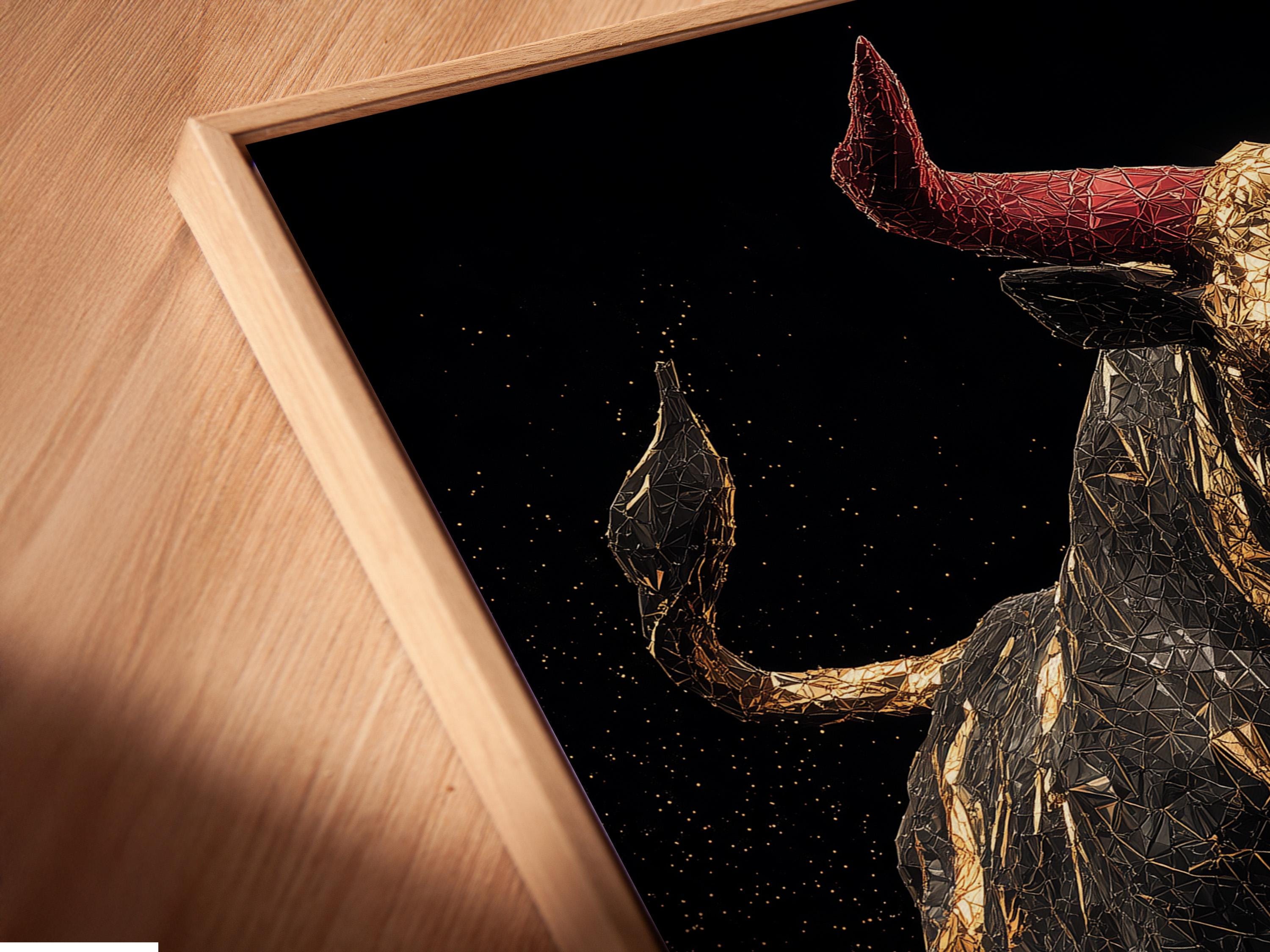 Geometric bull with gold facets, muted red horns and a dark speckled background detail view
