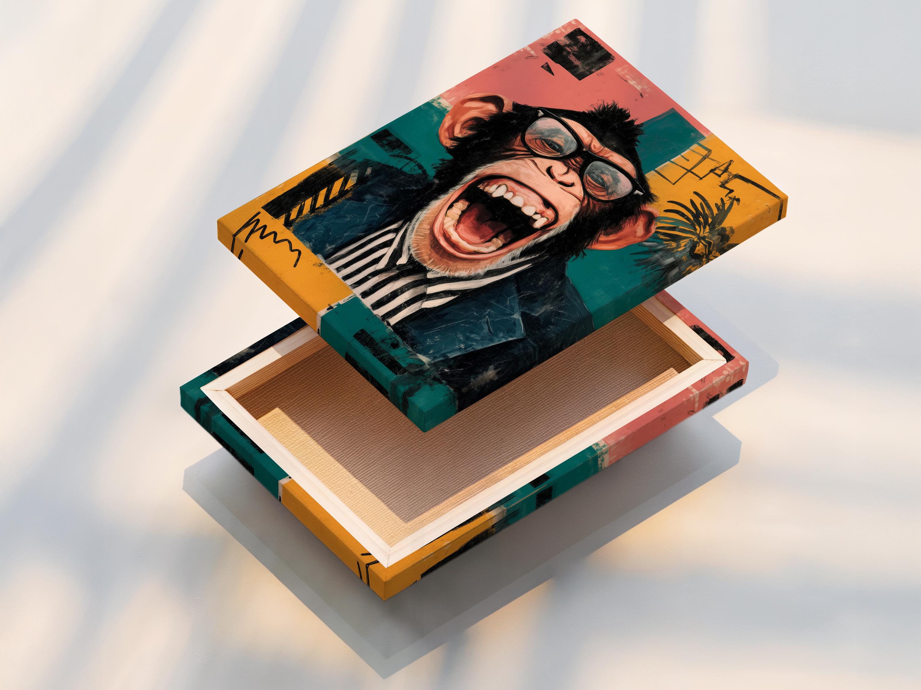Retro chimp portrait with round glasses, shouting, set against teal and pink colour blocks detail view