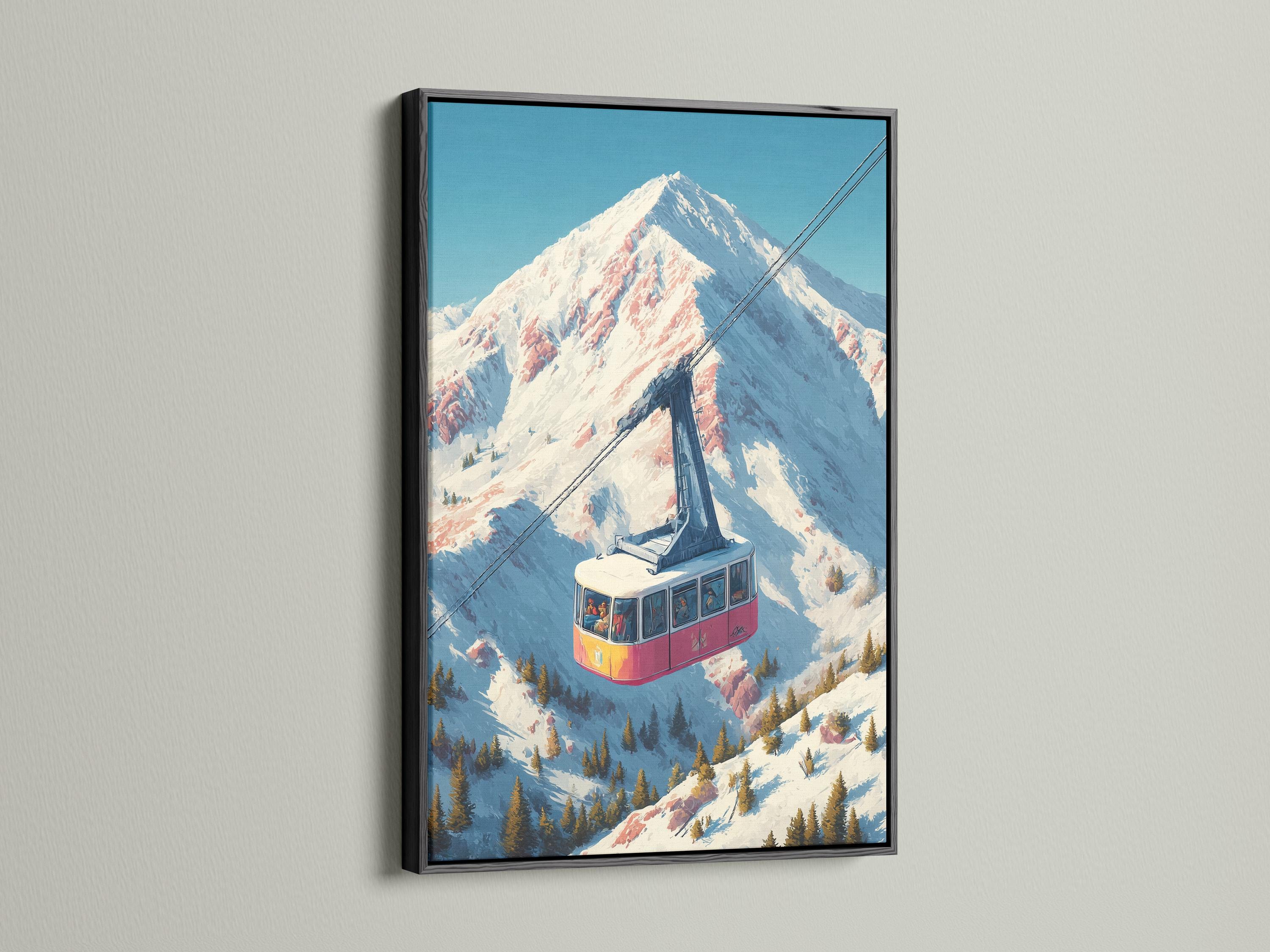 Illustrated alpine mountain scene with a cable car over snowy slopes and a tall peak detail view