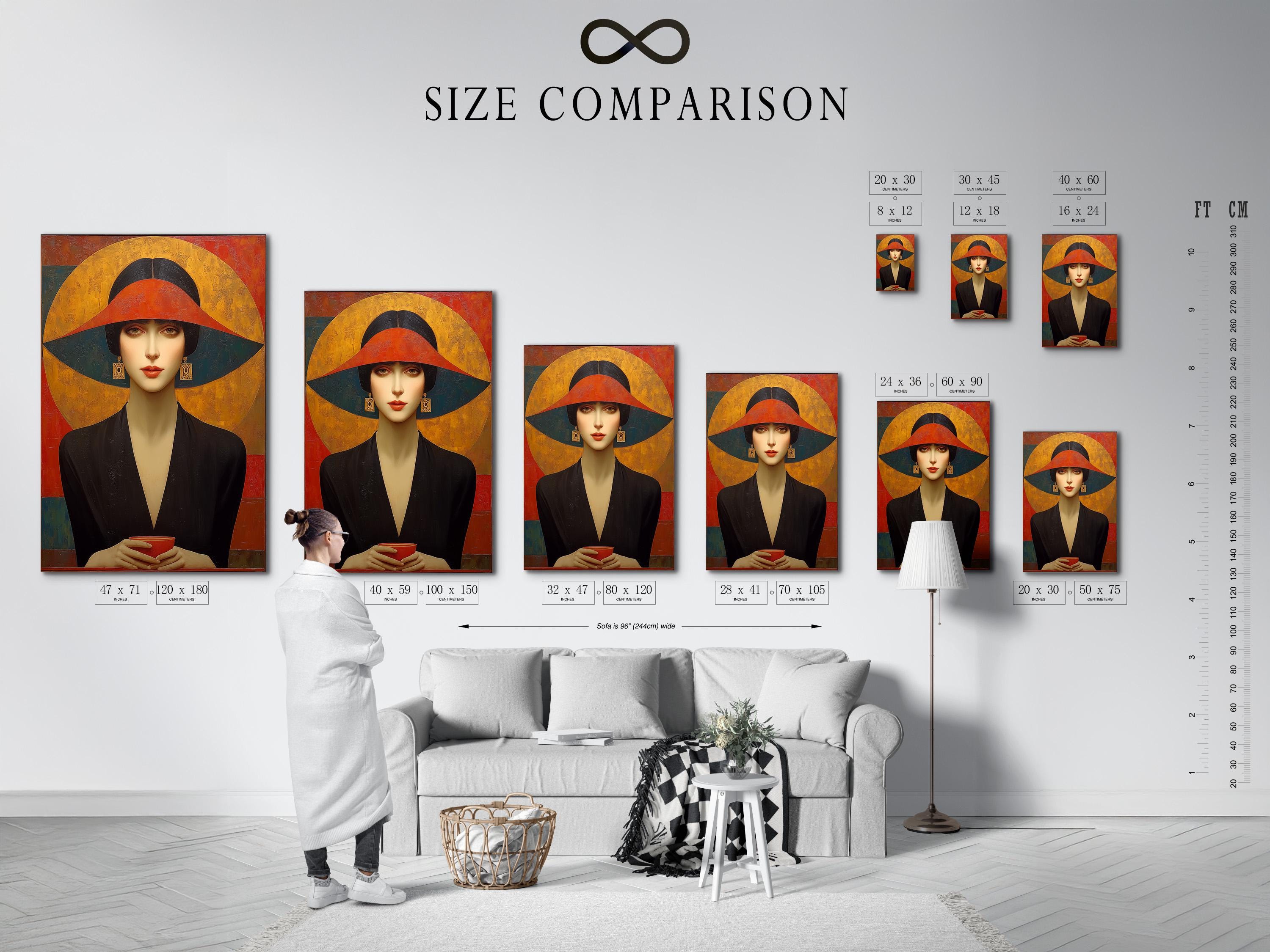 Stylised woman portrait in a dark hat with Art Deco geometric shapes in gold, red and black detail view