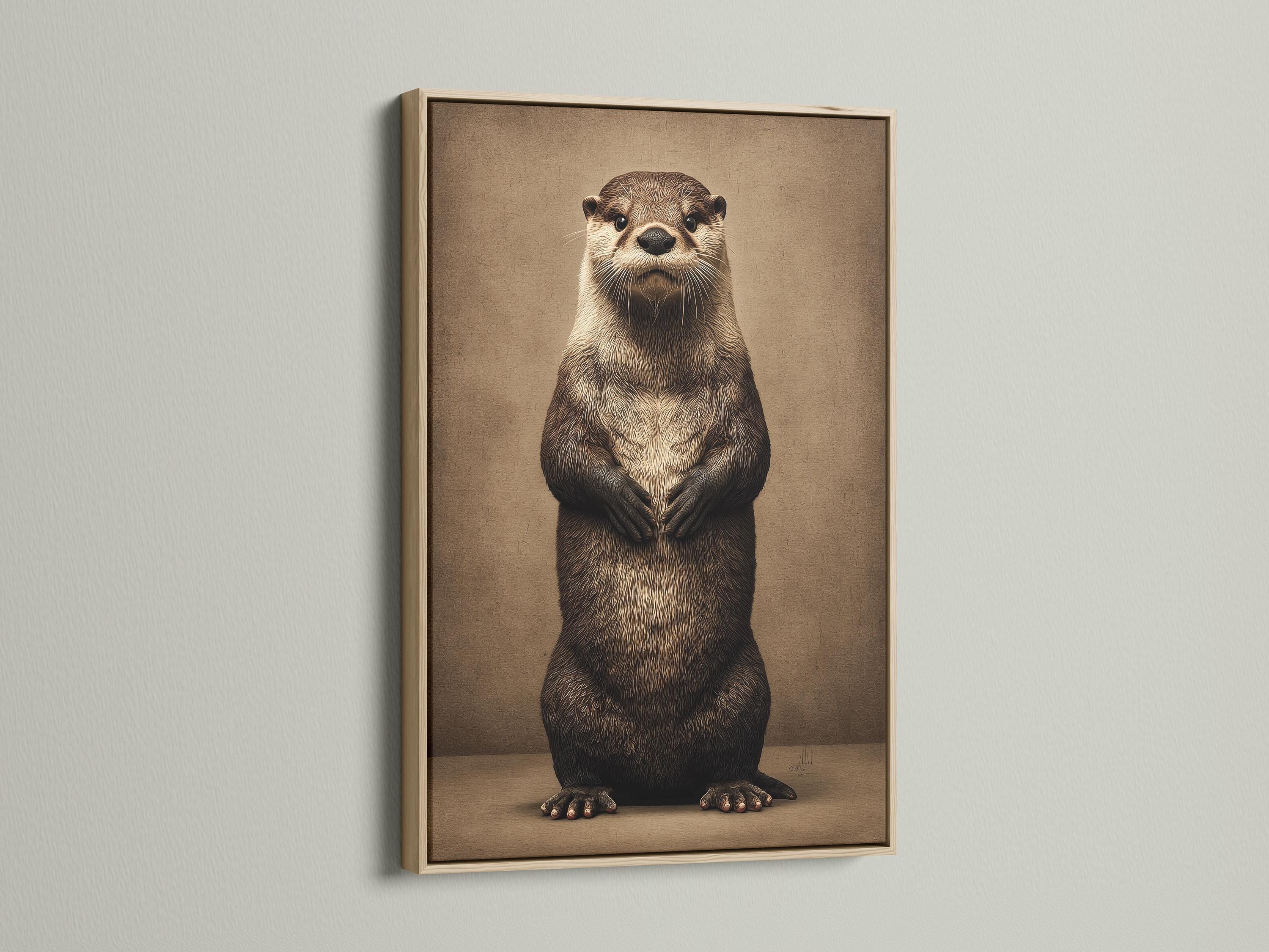 Stylised otter standing upright on a textured taupe background detail view