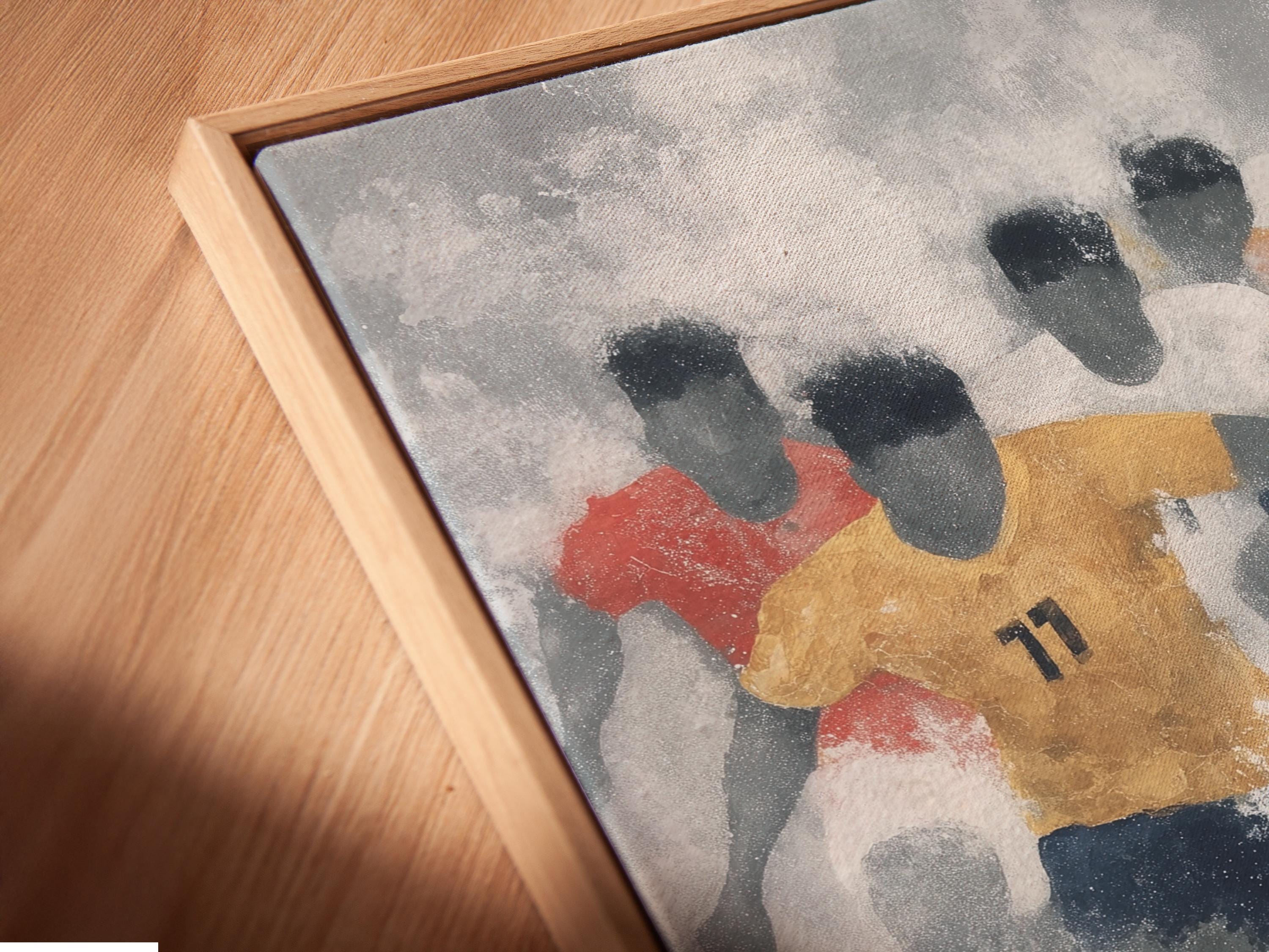 Abstract football scene with stylised players in red and navy and a small black-and-white football detail view