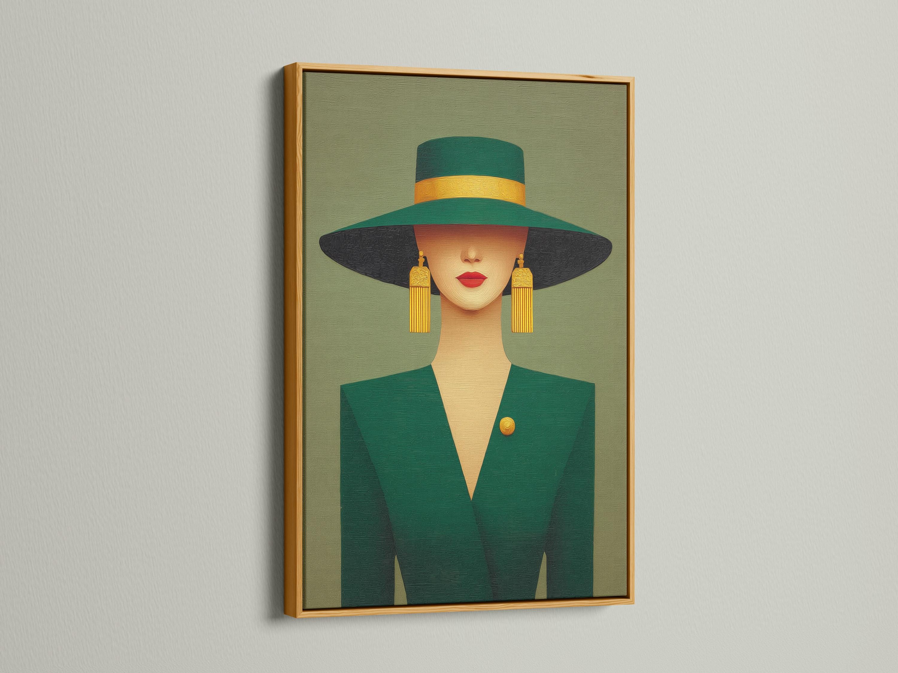 A stylised portrait of an elegant woman in a wide-brim hat, shown against a muted green background with gold accents and Art Deco-inspired shapes