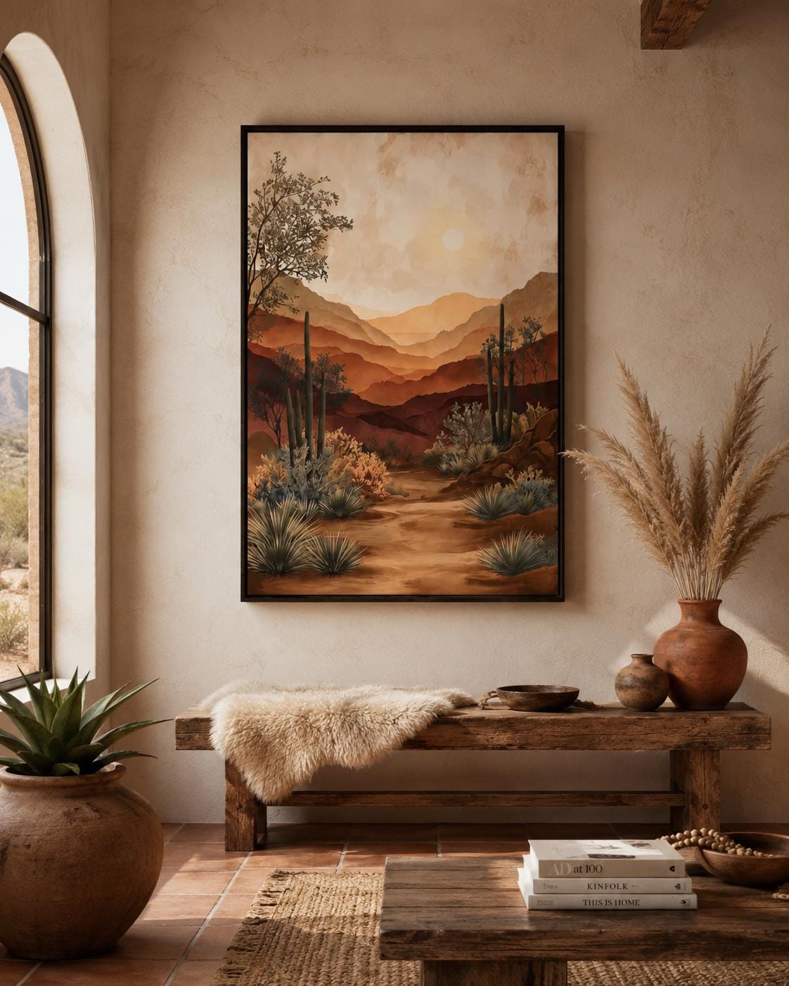 Warm desert landscape artwork with layered mountains, pale sun, and cactus-like plants detail view