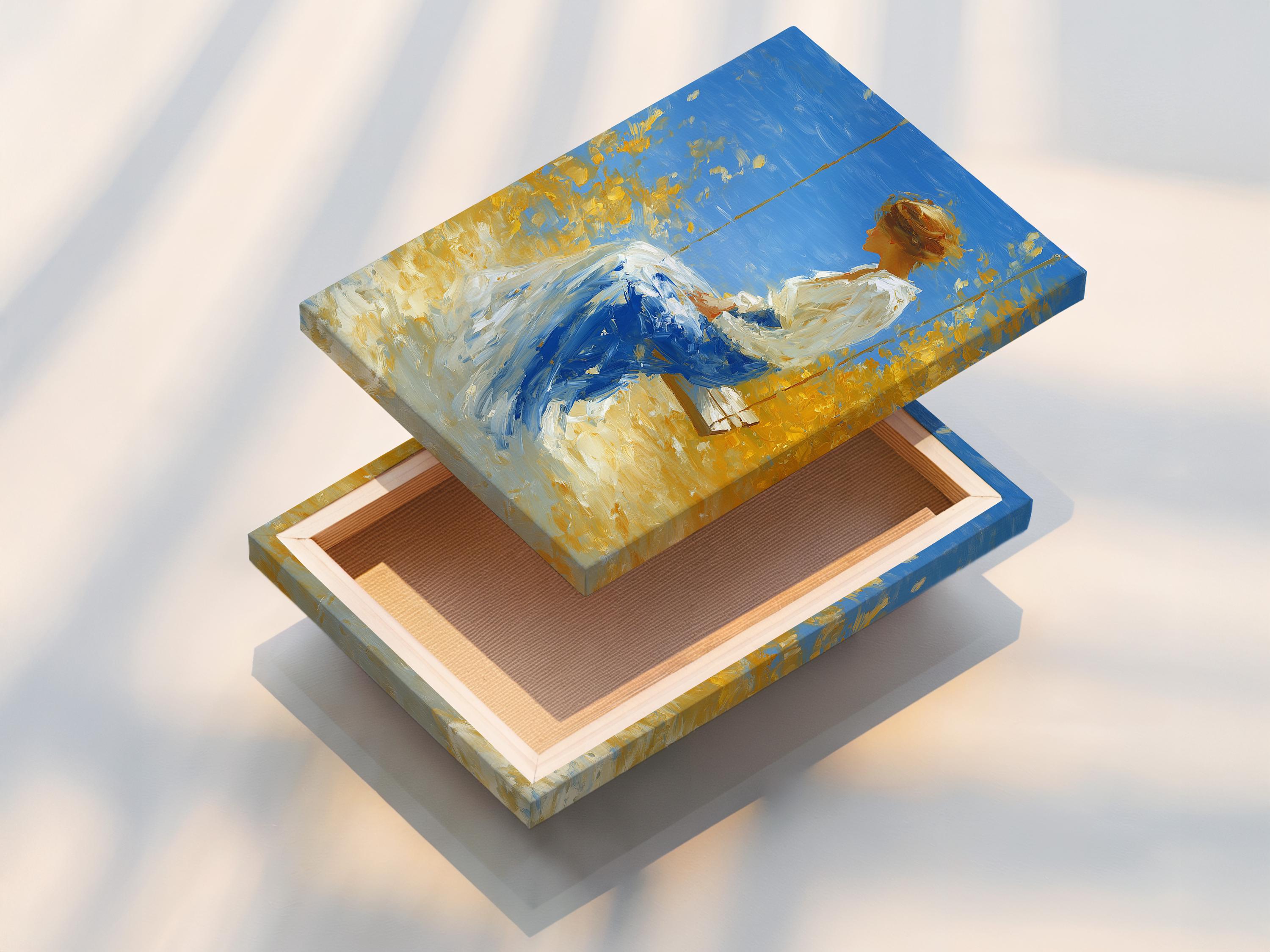 Painterly woman on a swing in blue and gold tones under a bright sky detail view