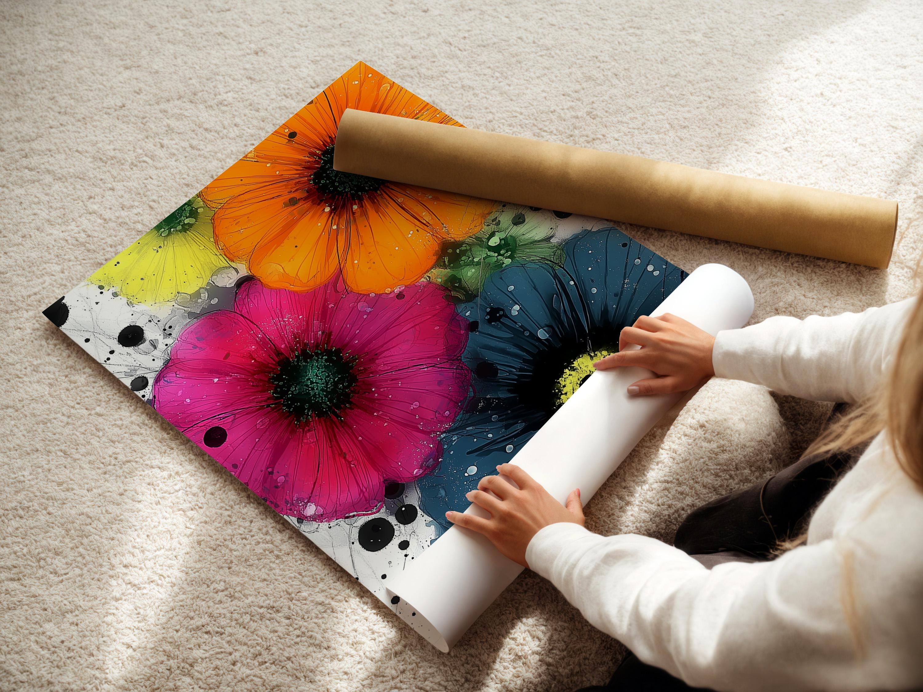 A vibrant, painterly floral composition shows three large stylised flowers with dark centres over white splatter-like backgrounds in pink, orange