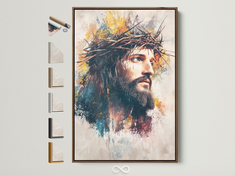 Side-profile Jesus portrait with textured teal, ochre and muted red over an ivory background