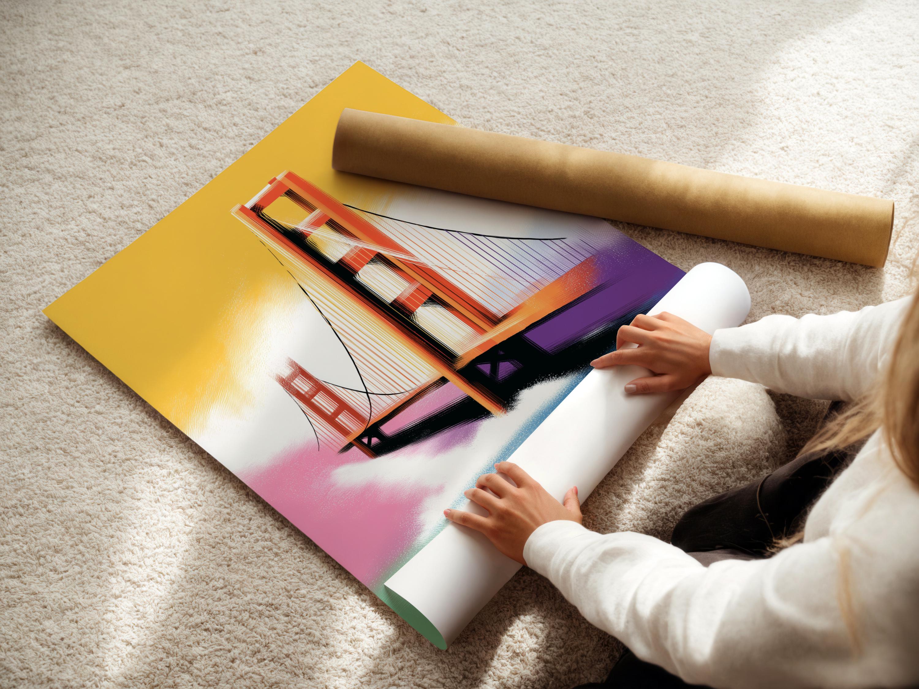 Bridge artwork in a framed display on a light background, with small colour swatches shown around it