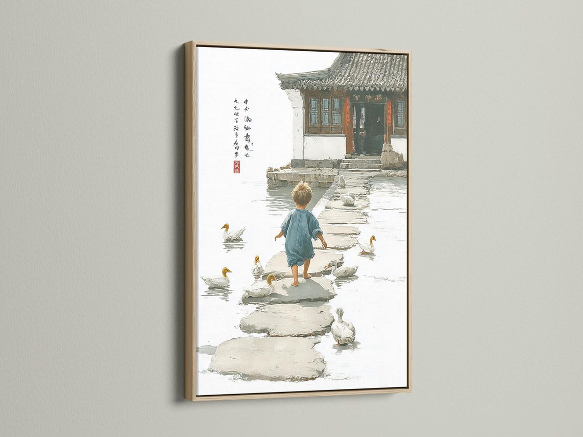 Neutral river scene of a child standing on stepping-stones with ducks in shallow water detail view