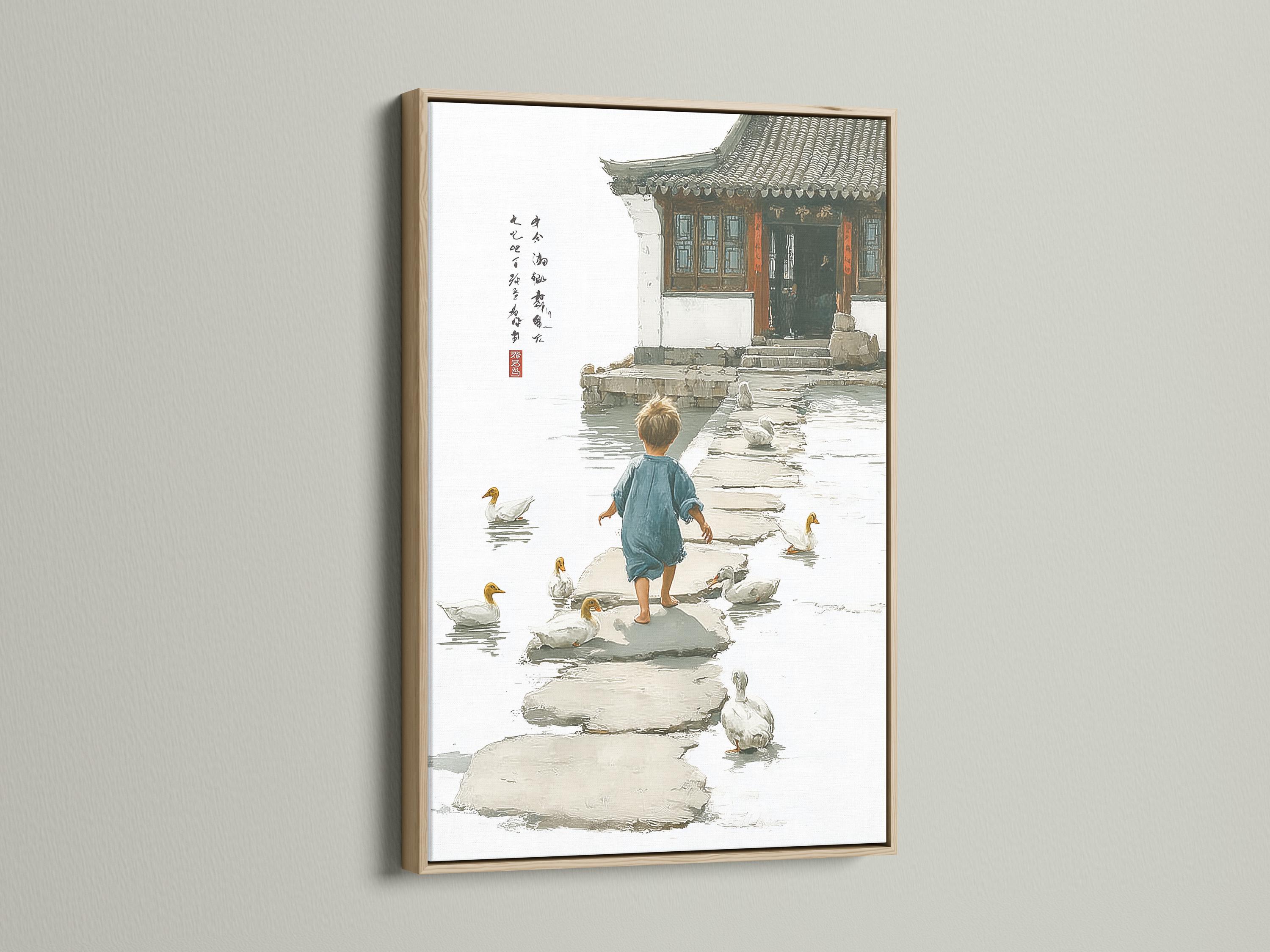Neutral river scene of a child standing on stepping-stones with ducks in shallow water detail view