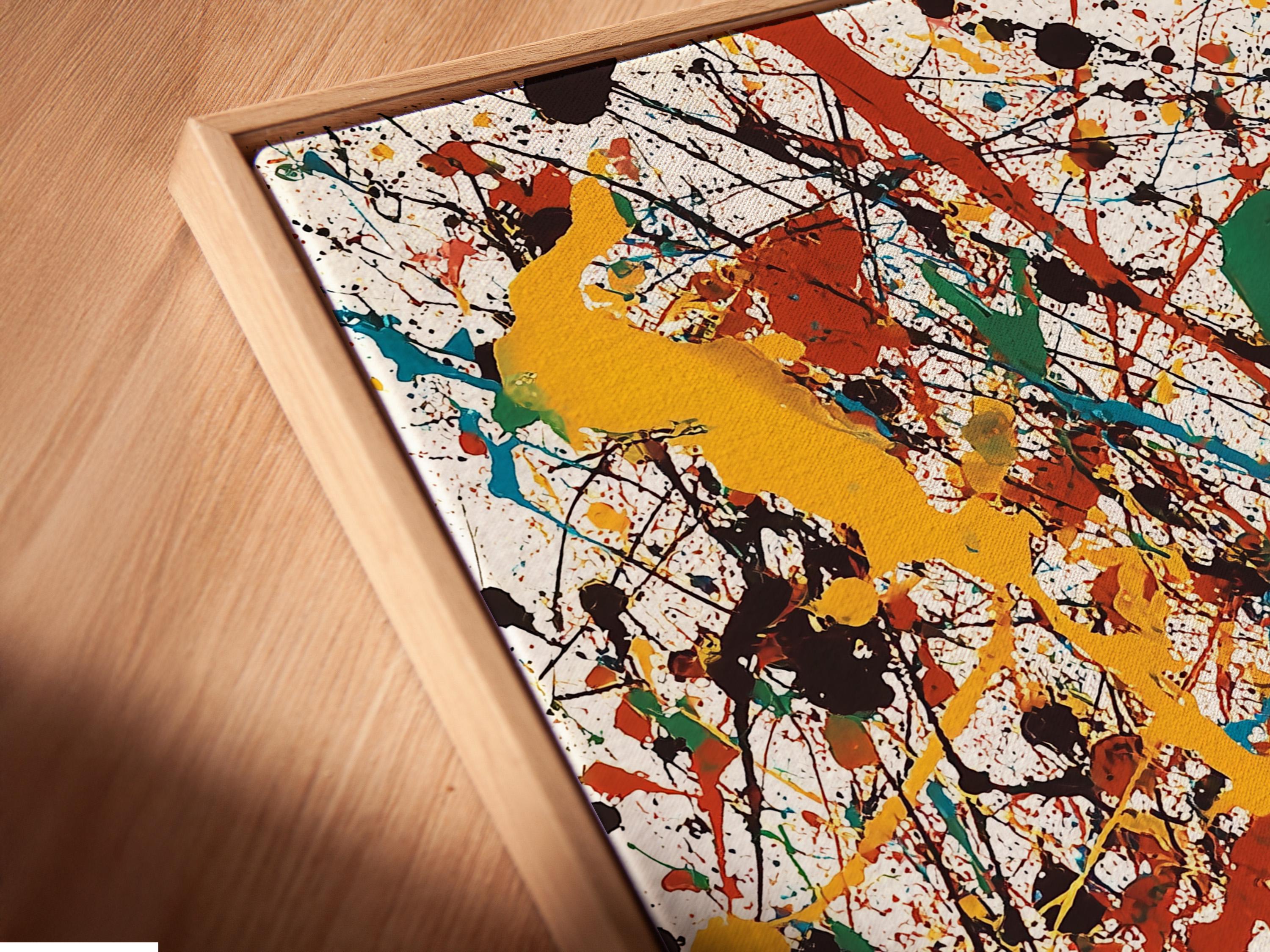 Abstract splatter artwork with layered blue, teal, yellow, red and green shapes on a white background detail view