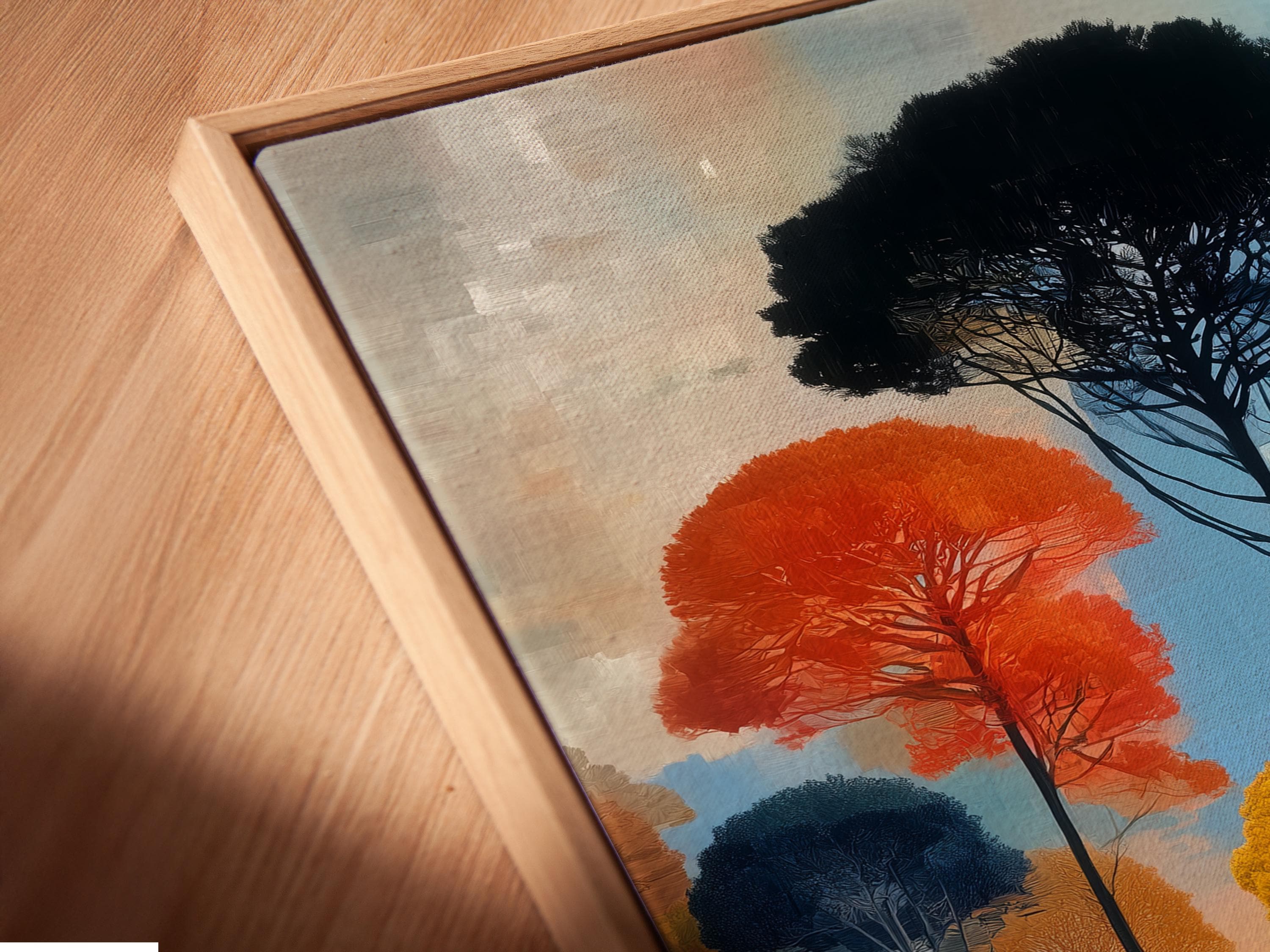 Room mockup with a large framed forest artwork above a sofa