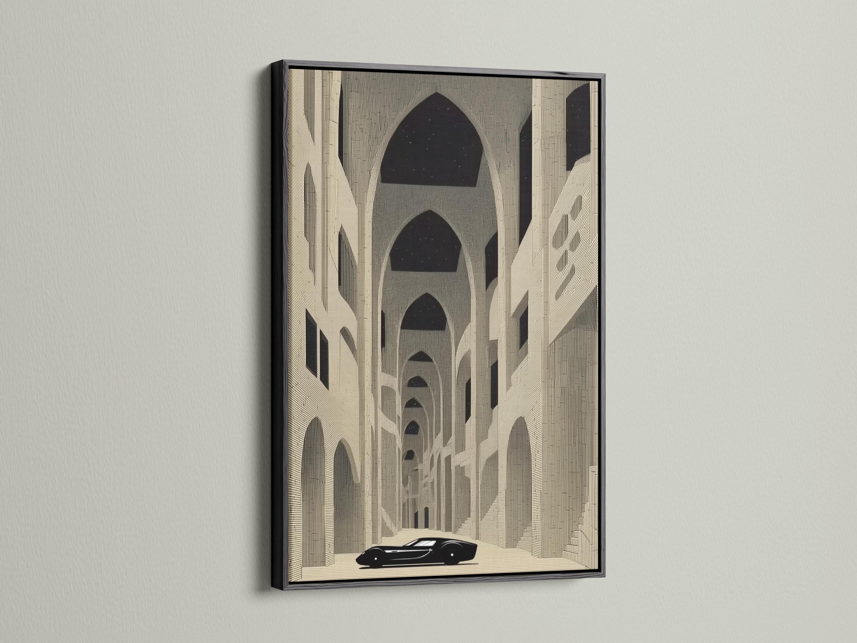 Room mockup showing a framed beige architecture artwork with arches and a dark car silhouette