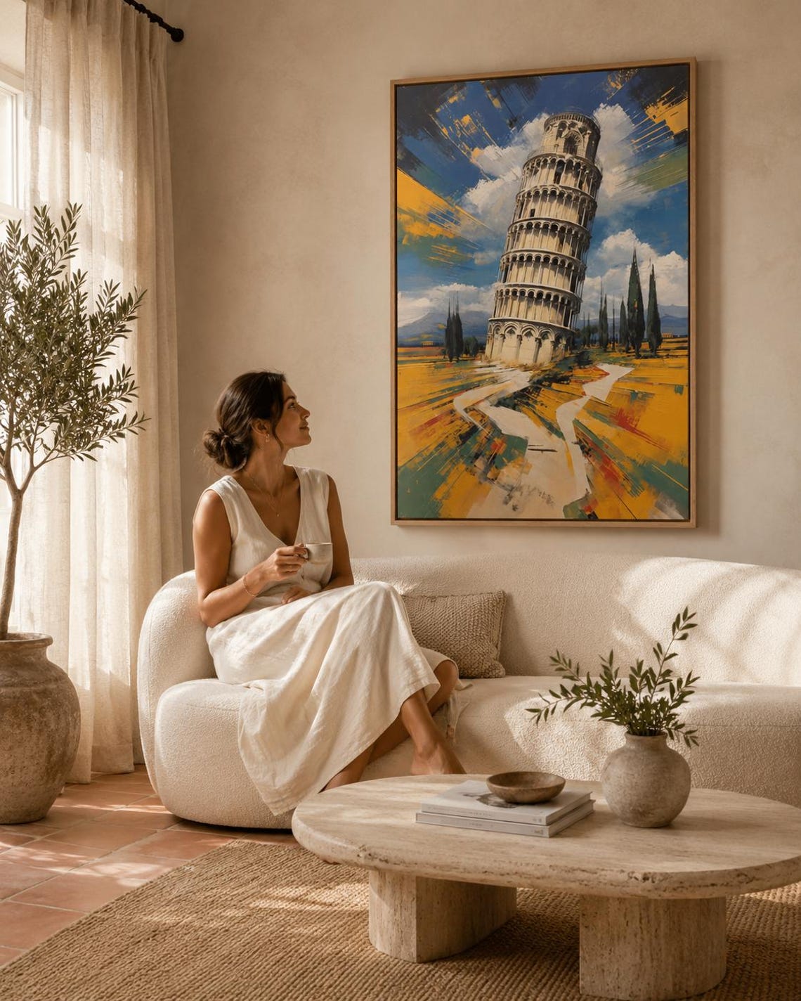Man standing by a framed Leaning Tower of Pisa painting in an office-like room